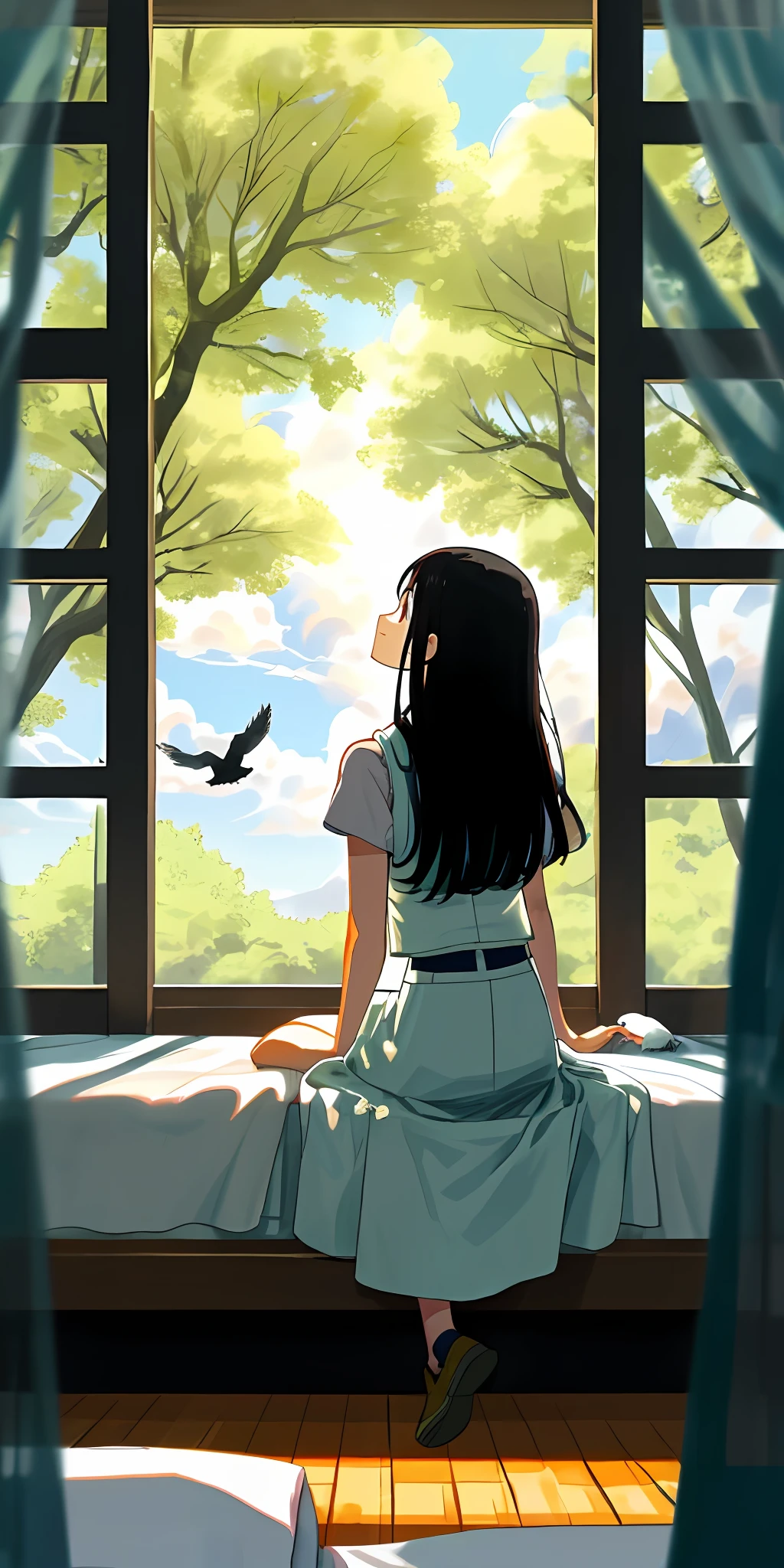 Look up，Turn your back to me，Black straight hair，Girl sitting on bed in white vest，Look out the window，Trees outside the window，There is the sun，There are clouds，There are birds，There is also a big fan next to him，In the summer heat。