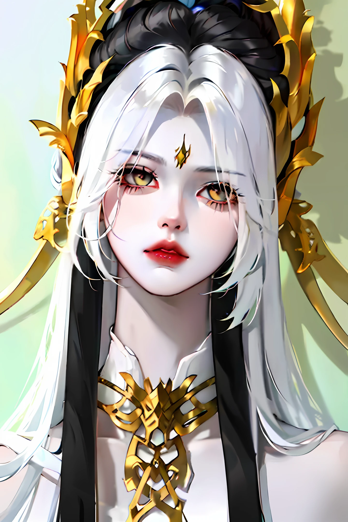 White hair, golden eyes, white skin, black silk all over