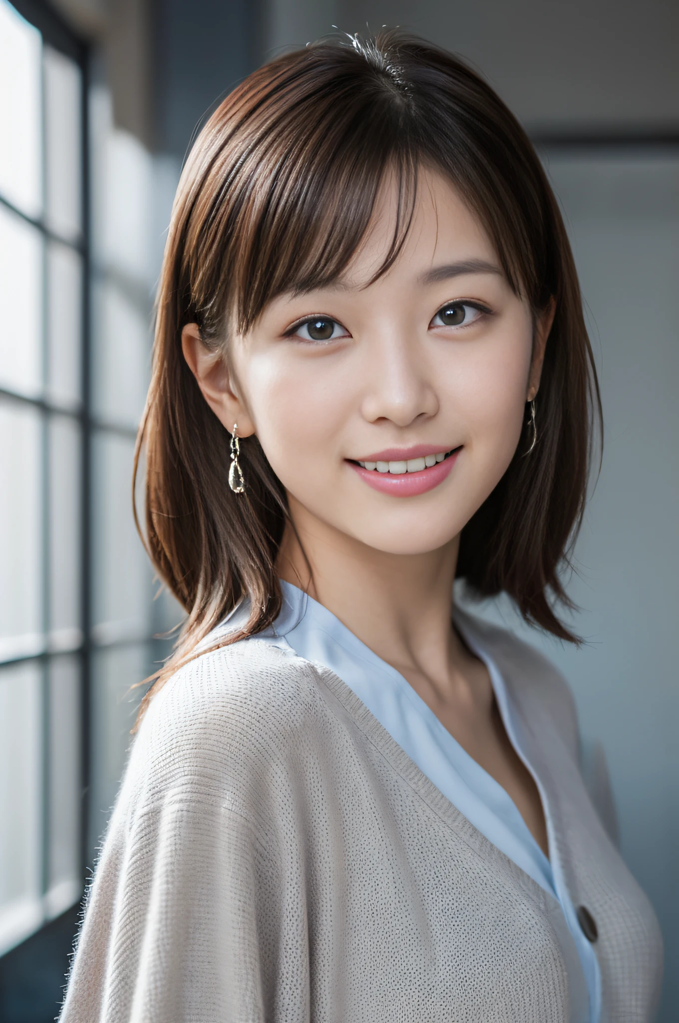 30 y o, ((Best Quality, 8K, masutepiece: 1.3)), Japanese cool beauty, empty blue background: 1.8, White shirt, Gray skirt, Highly detailed face and skin texture, Smile, Fashion Model Pose
