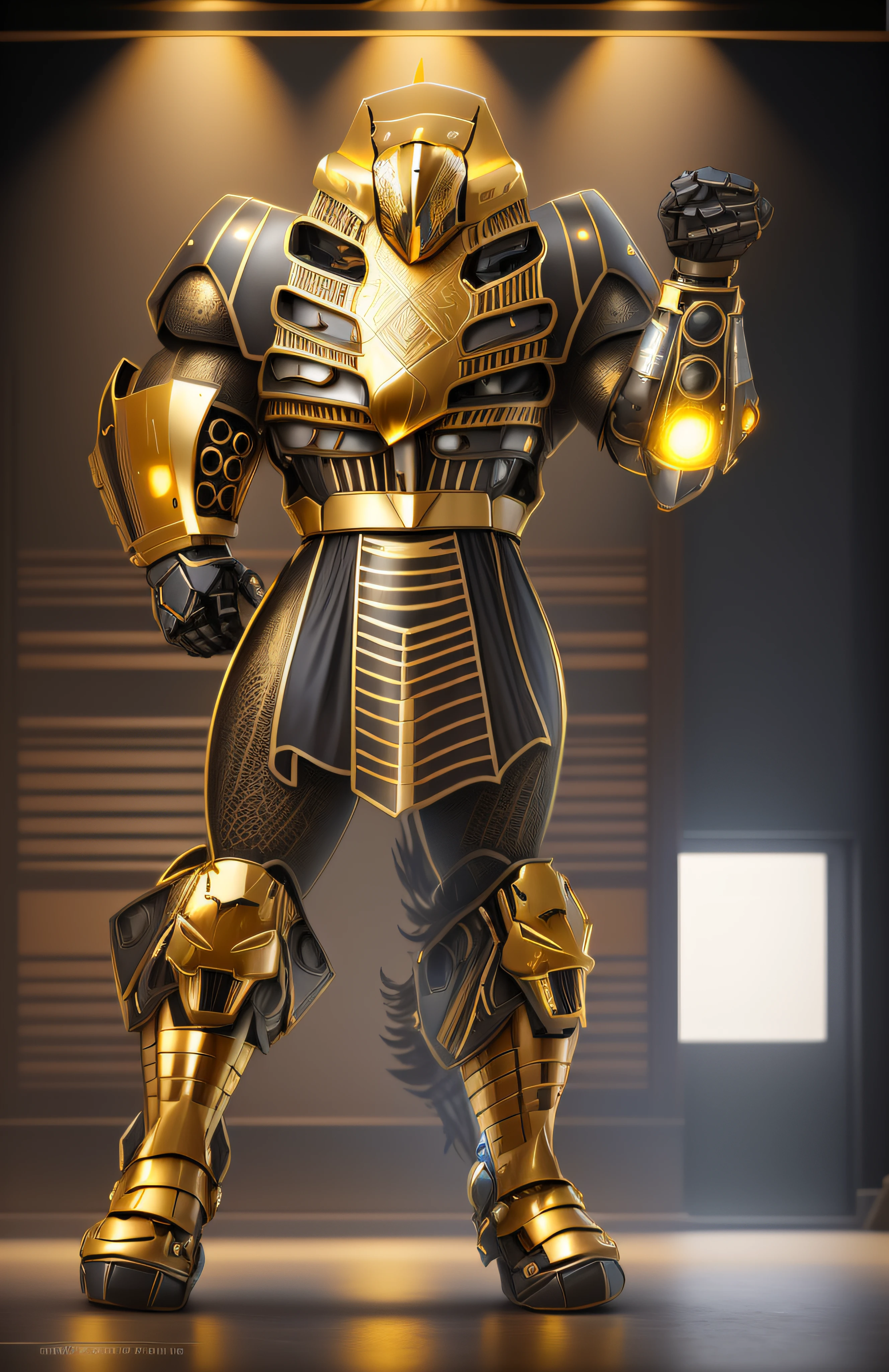 a close up of a robot with a glowing suit on, armadura brilhante elegante, Retrato completo de Electromancer, luzes brilhantes na armadura, Deus grego no estilo mecha, Armadura obsidiana de ouro pesado, Sci - Armadura de Fi:! musculoso, intrincada armadura mecha brilhante, Armadura Obsidiana de Ouro, cyber fight armor, Personagem de Mortal Kombat, Armadura Conceitual