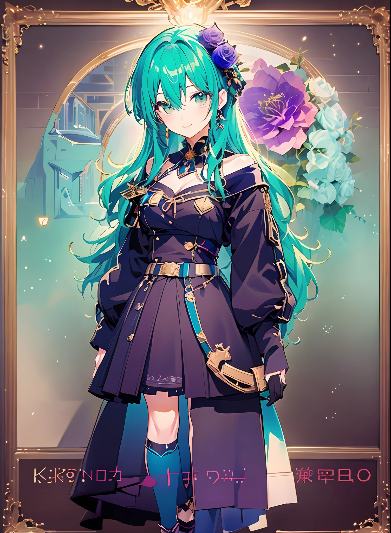 😆Andromeda_Kongacha, ((Konmutsuki_gacha_series1, punk_rosette))), cute girl, aqua color flowers, (full body), elegant flowers background