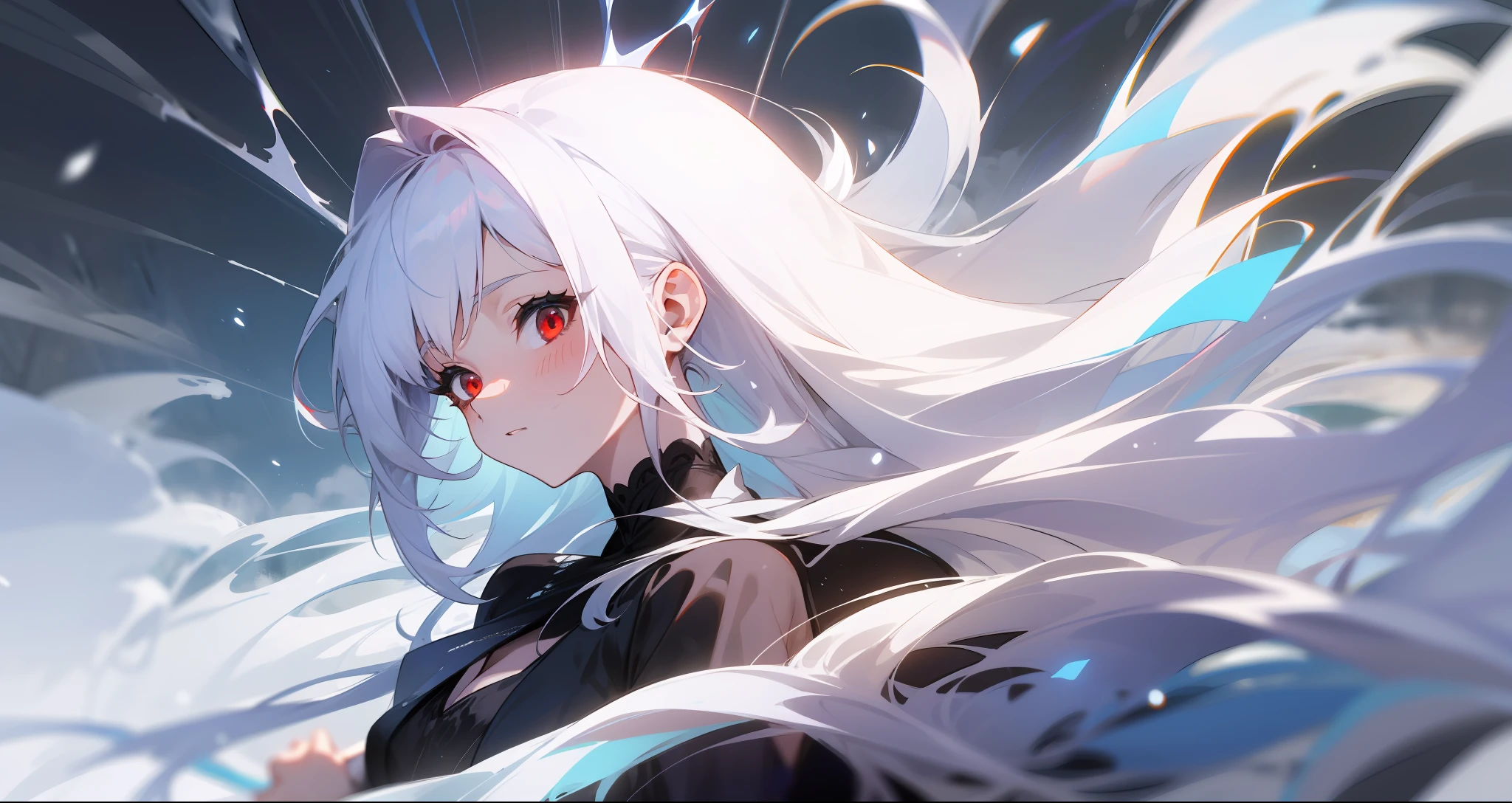 Above the dreamy river with white mist,A woman in a black dress volleyed,Her exposed white skin outside the black dress was particularly dazzling,His long snow-white hair fluttered in the wind,The red eyes were wide open,Hair is parted to the sides,A few wisps flow out of the middle