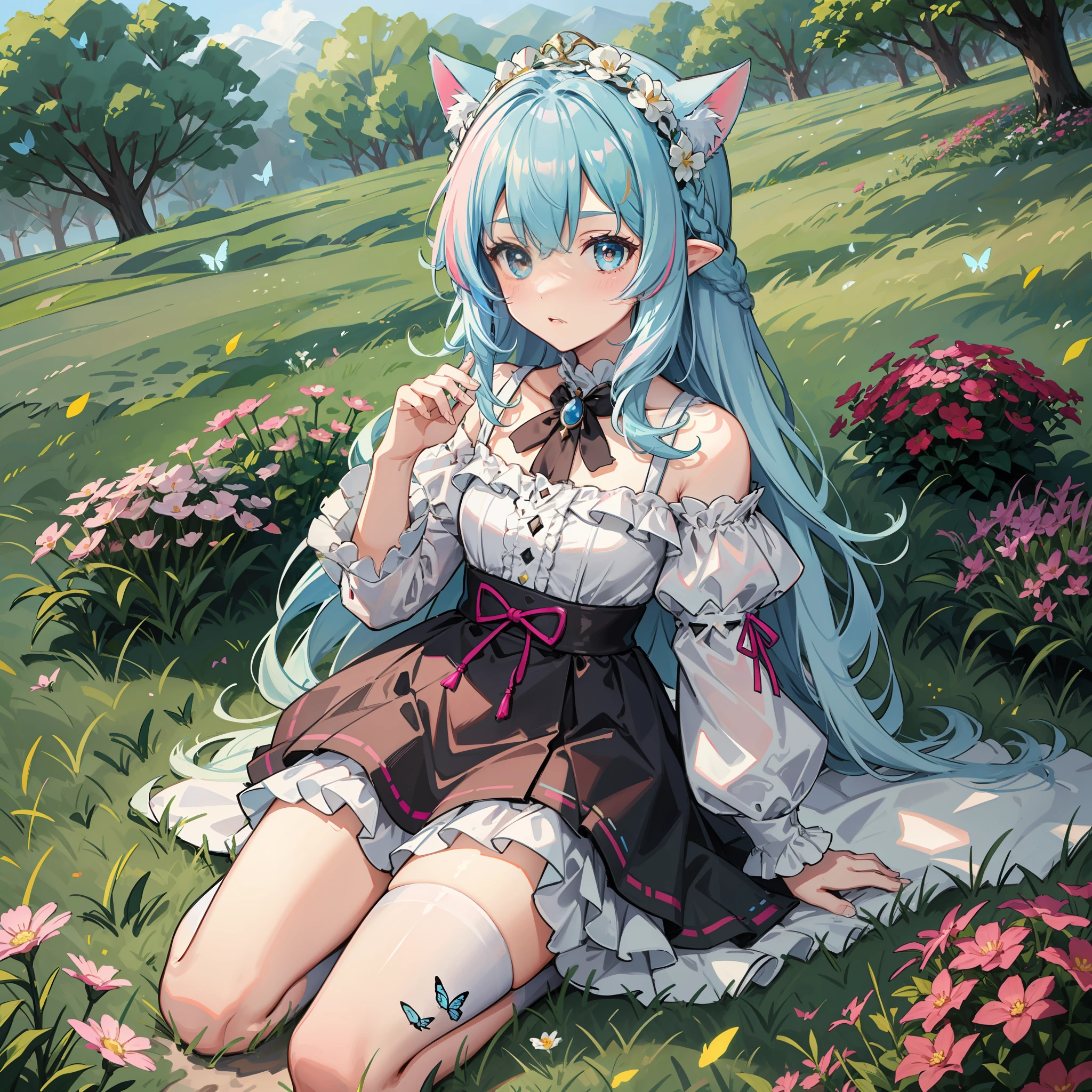 A meadow({multicolour_Hair+Light blue hair:1.8+Pink hair:0.2})Beast-eared loli,White fat meow-style makeup,Tiny cute,Field scenery,Colorful falls,Butterflies flutter，white stockings，Butterfly flower headdress