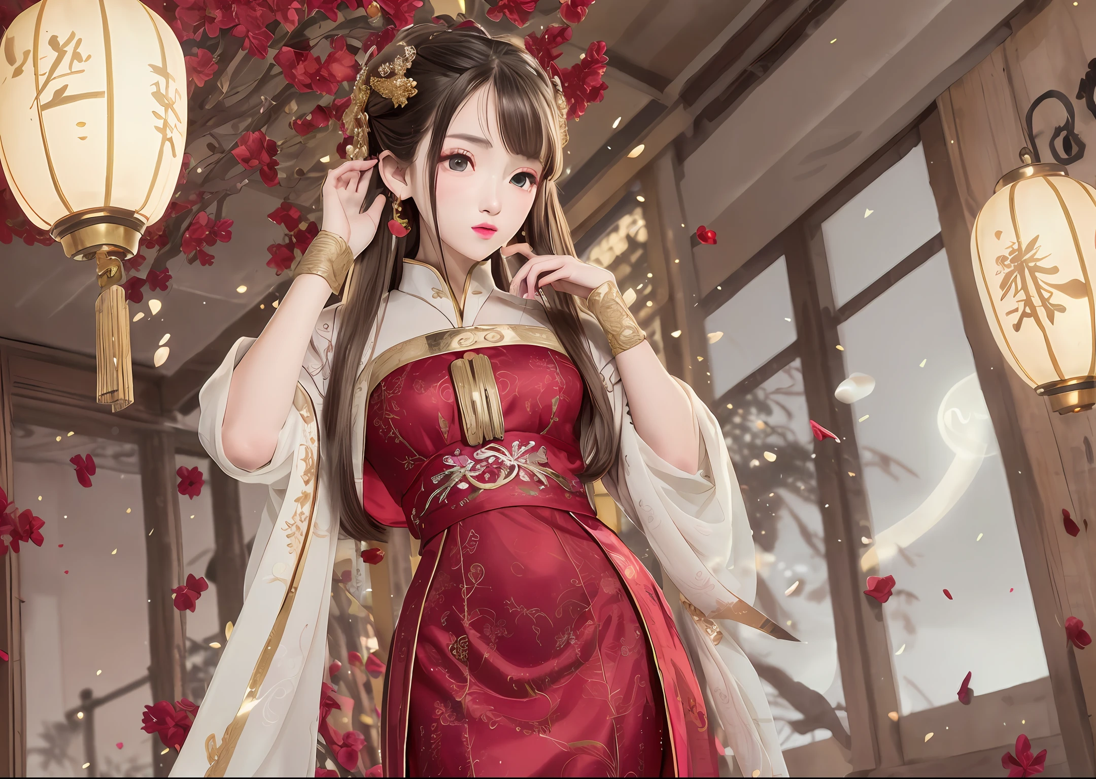 best quality, masterpiece, highres, (exquisite body:1.5),gorgeous face,(milky skin:1.3),intricate details,high resolution,wallpaper,
1girl, solo, dress, hair ornament, (((gold and red dress))), flowers, long hair, brown hair, closed mouth, jewelry, long sleeves, hand up, wide sleeves, big eyes,floating hair, chinese clothes, hanfu, embroidery, long skirt, natural pose, falling petals, indoor,fanning, lantern,
16K,HDR,highres,depth field,(film grain:1.1),boken,golden hour,(lens flare),vignette,rainbowing,(color grading:1.5)