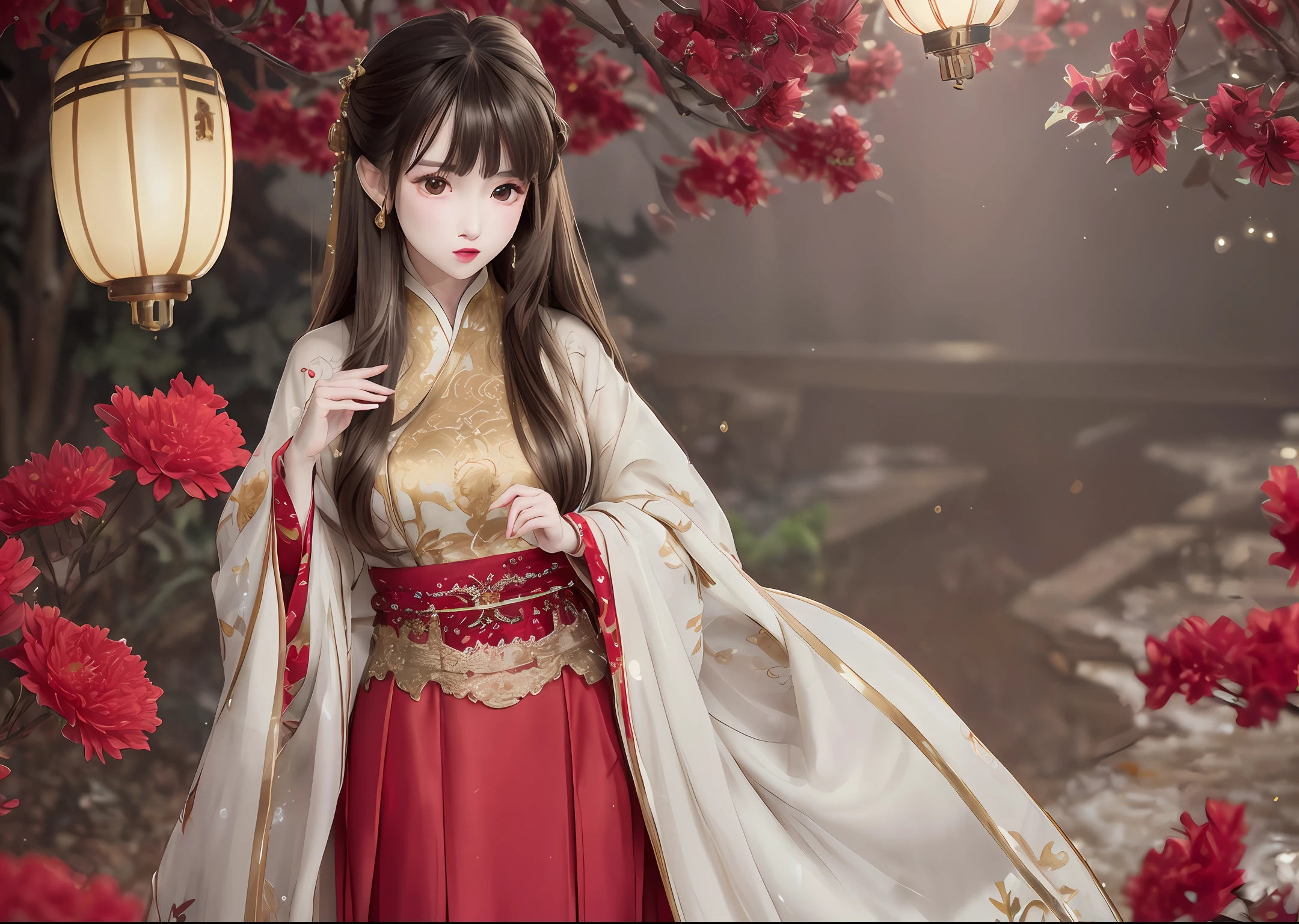 best quality, masterpiece, highres, (exquisite body:1.5),gorgeous face,(milky skin:1.3),intricate details,high resolution,wallpaper,
1girl, solo, dress, hair ornament, (((gold and red dress))), flowers, long hair, brown hair, closed mouth, jewelry, long sleeves, hand up, wide sleeves, big eyes,floating hair, chinese clothes, hanfu, embroidery, long skirt, natural pose, falling petals, indoor,fanning, lantern,
16K,HDR,highres,depth field,(film grain:1.1),boken,golden hour,(lens flare),vignette,rainbowing,(color grading:1.5)