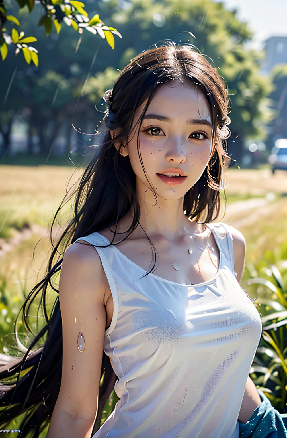 best qualtiy、​masterpiece、photoRealstic、intricate-detail、Raw foto、Photon Rendering、Octane Rendering、absurderes、ultra-detailliert、A detailed face、Detailed skin、Trending in art stations、8K Masterpiece、lighting like a movie、( (1girl in))、((独奏) ))、((Behold))、CG Social Trends、Plastic En、((Black Long Hair))、((Beautuful Women))、(A smile)、show the grinps、Upper teeth、Fashionable、summer clothing、Hair that flutters in the wind、((Flowing hair))、fashion magazine、(A sexy)、((lighting like a movie))、((grass field))、((a heavy rain))、stormy、((Wet with rain))、wetted skin、wetting hair、Wet clothes、