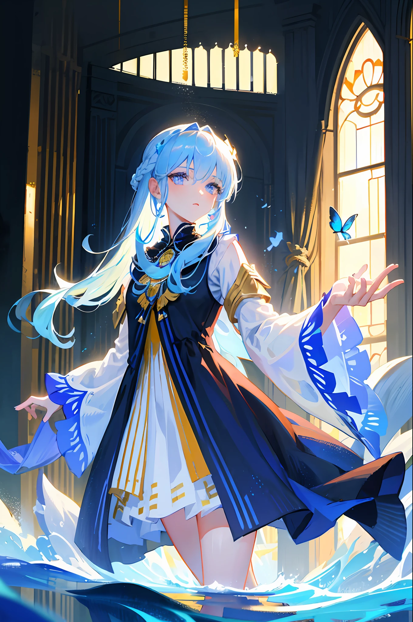 (overlooking), dynamic angle, ultra-detailed, illustration, close-up, direct view, 1girl, (fantasy: 1.4), (blue eyes: 1.233), her eyes shine like dreamy stars, (glowing eyes: 1.233) ,(beautiful and detailed eyes: 1.1),(silver hair: 1.14),(messy hair, very long hair, french braid, hair between the eyes, side hair),(+(blue hair flower: 1.14) ),(chiffon dress, uniform blue flower pattern)/=(military uniform: 1.24),(separate sleeves, wide sleeves),(fingerless gloves),choker,(miko thighhighs),high-heeled boots,(expressionless ,shut up),(standing), (classical princess boudoir with dressing table, floor-to-ceiling windows, white ancient palace),(white flowers, blooming),(deep sea),(flowing water),(dark blue world tree: 1.14),(ruins),( Night: 1.2 ), dreamy, soul, (fluorescent), (flying translucent blue butterfly: 1.15), [[delicate fingers and hands: 0.55]::0.85], (finger details), (yubao: 0.5)