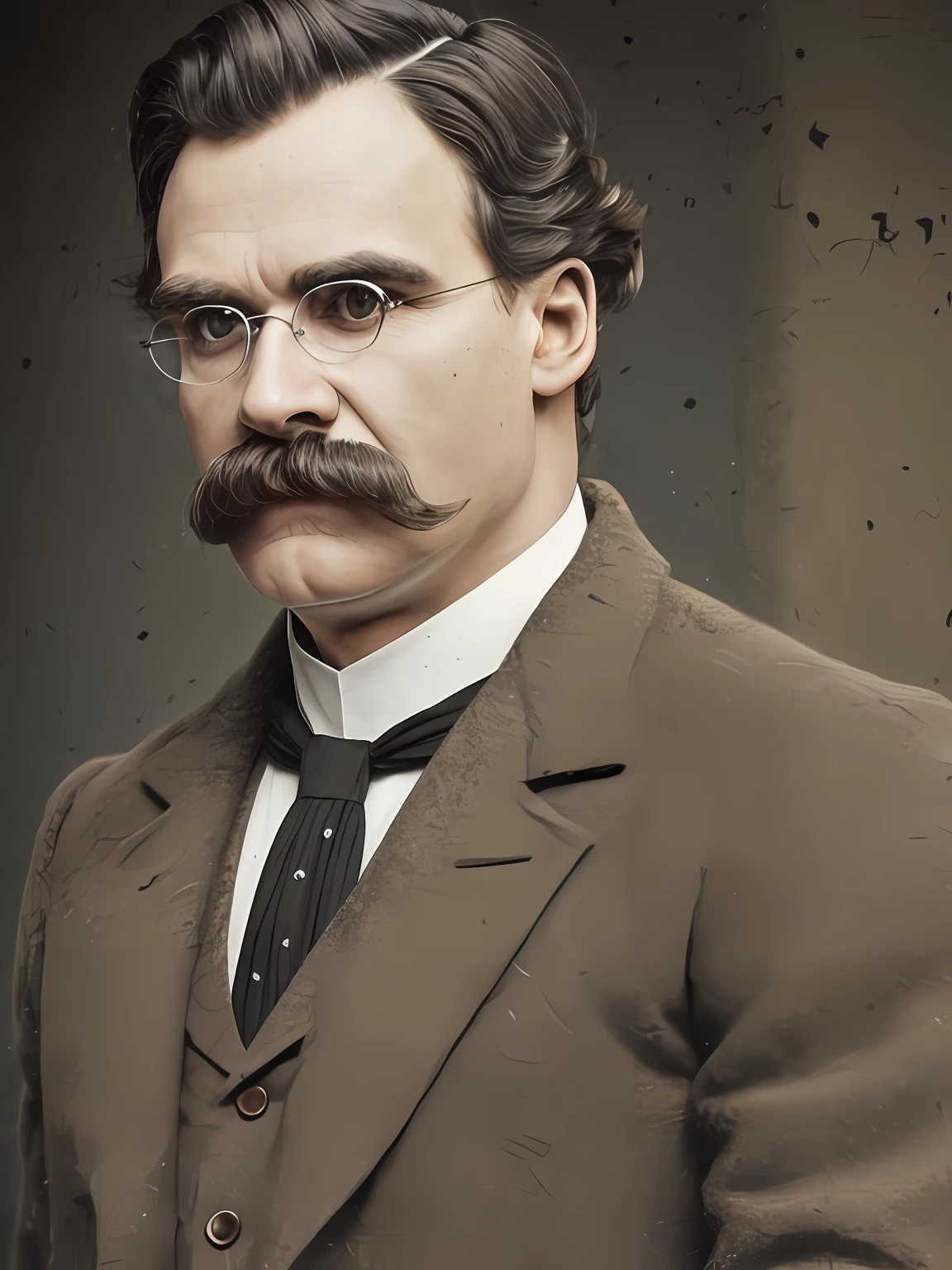Friedrichnietzsche, bigode grosso, testa, casaco, camisa branca,(detalhes intrincados:0.9), (HDR, hiperdetalhado:1.2), (textura natural da pele, hiper-realismo, luz suave, sharper), (detalhes intrincados:0.9), (HDR, hiperdetalhado:1.2), (textura natural da pele, hiper-realismo, luz suave, sharper)