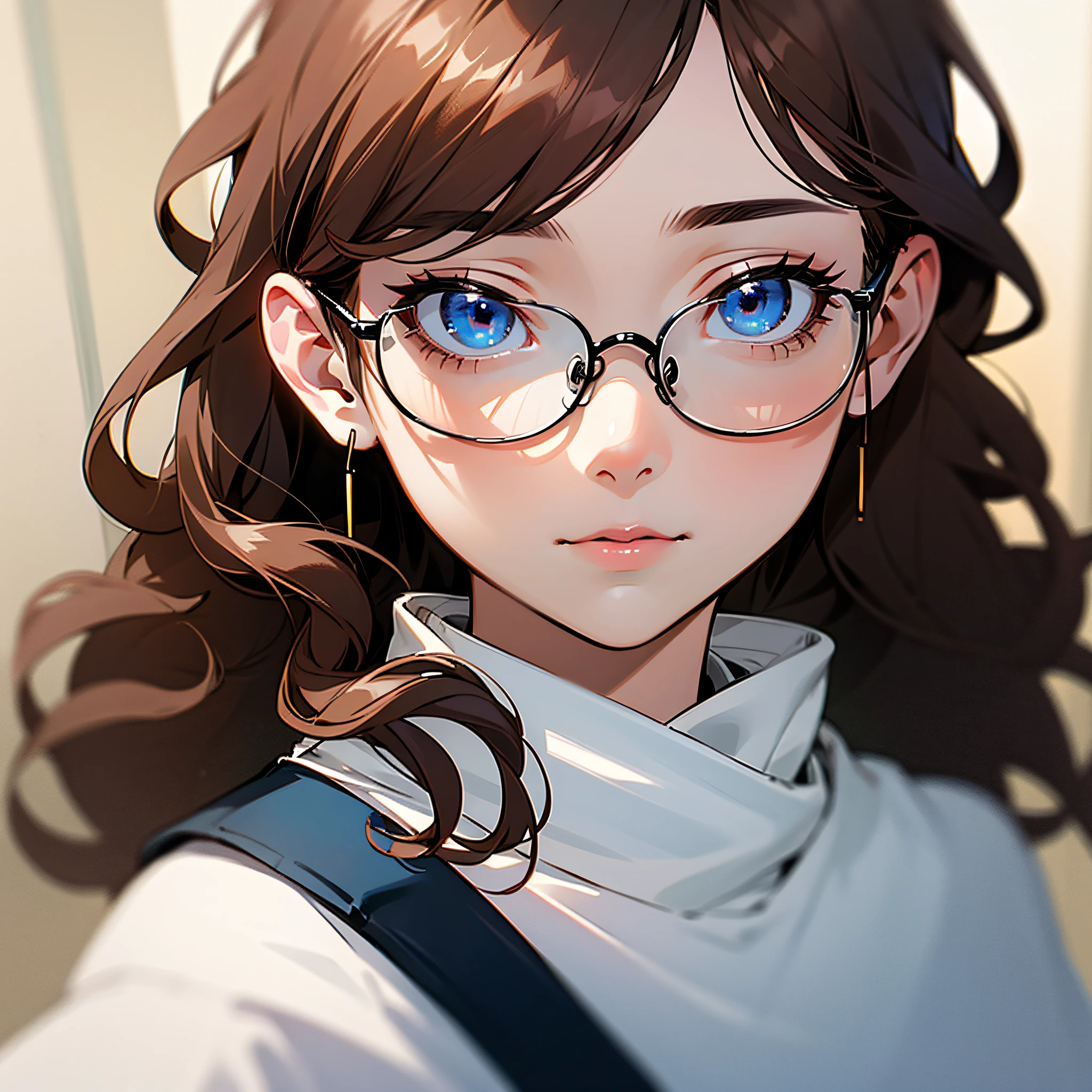 White clothes Girls Upper body Brown curly hair Glasses Double eyelids Blue eyes Realistic 9:16 --auto