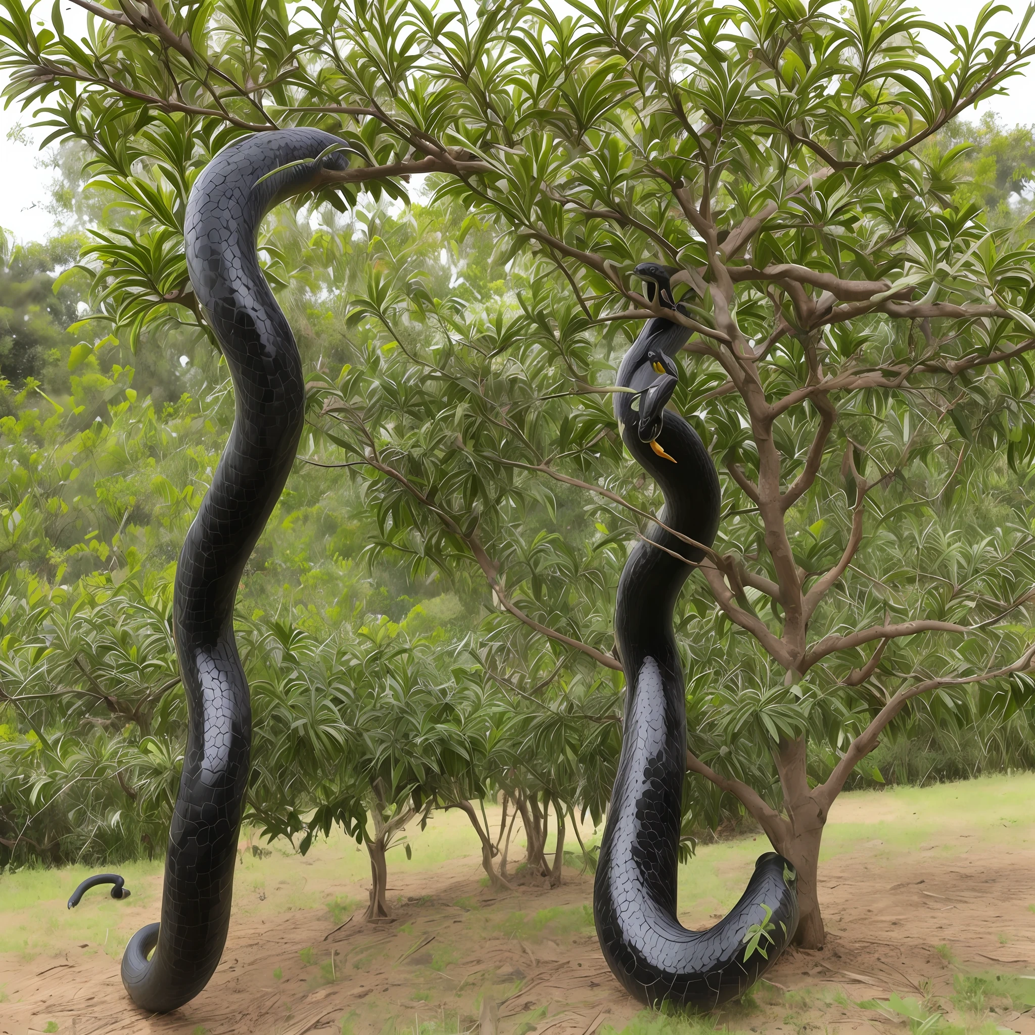 A large black snake coiled on a small loquat tree in a field