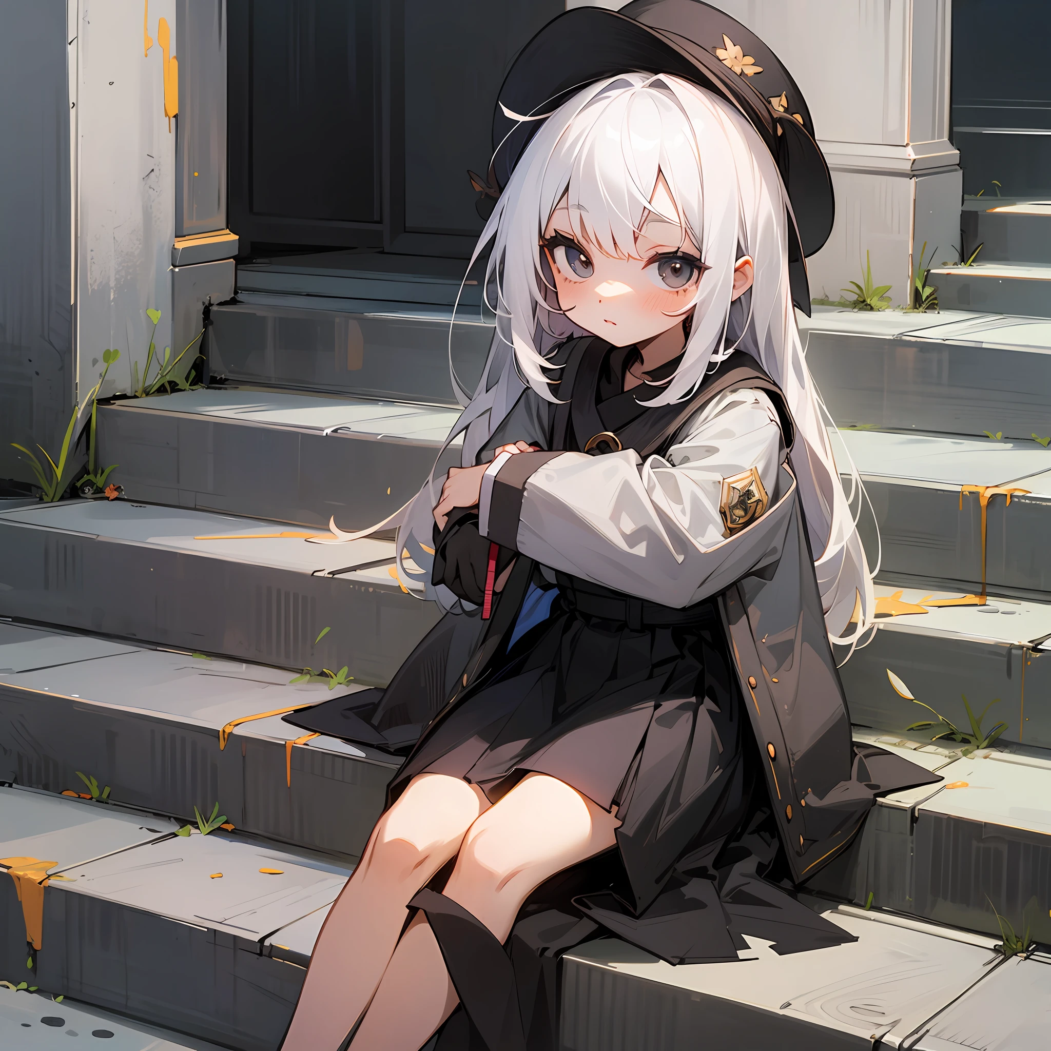 White-haired, black-eyed little loli，Sitting on the steps