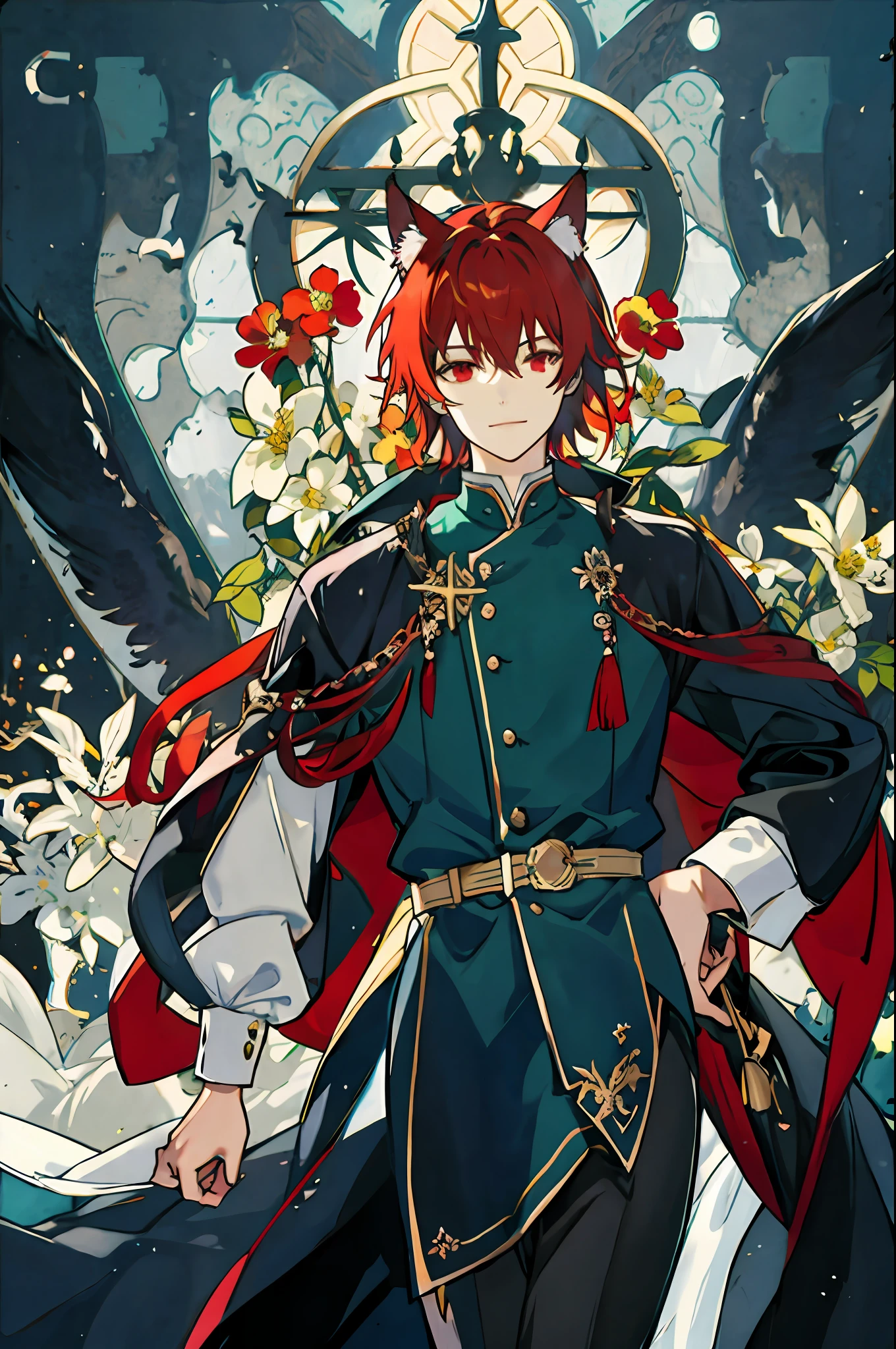 （（tmasterpiece：1.2，top Quority）），pelo rojo corto,red eyes（handsome：1.4），Boy with cat ears and tail,anime catgirl,校服，fanciful，ln the forest，flowers in full bloom，rays of sunshine，Fantastic light and shadow，scenecy，Highly detailed face，sportrait，ssmile