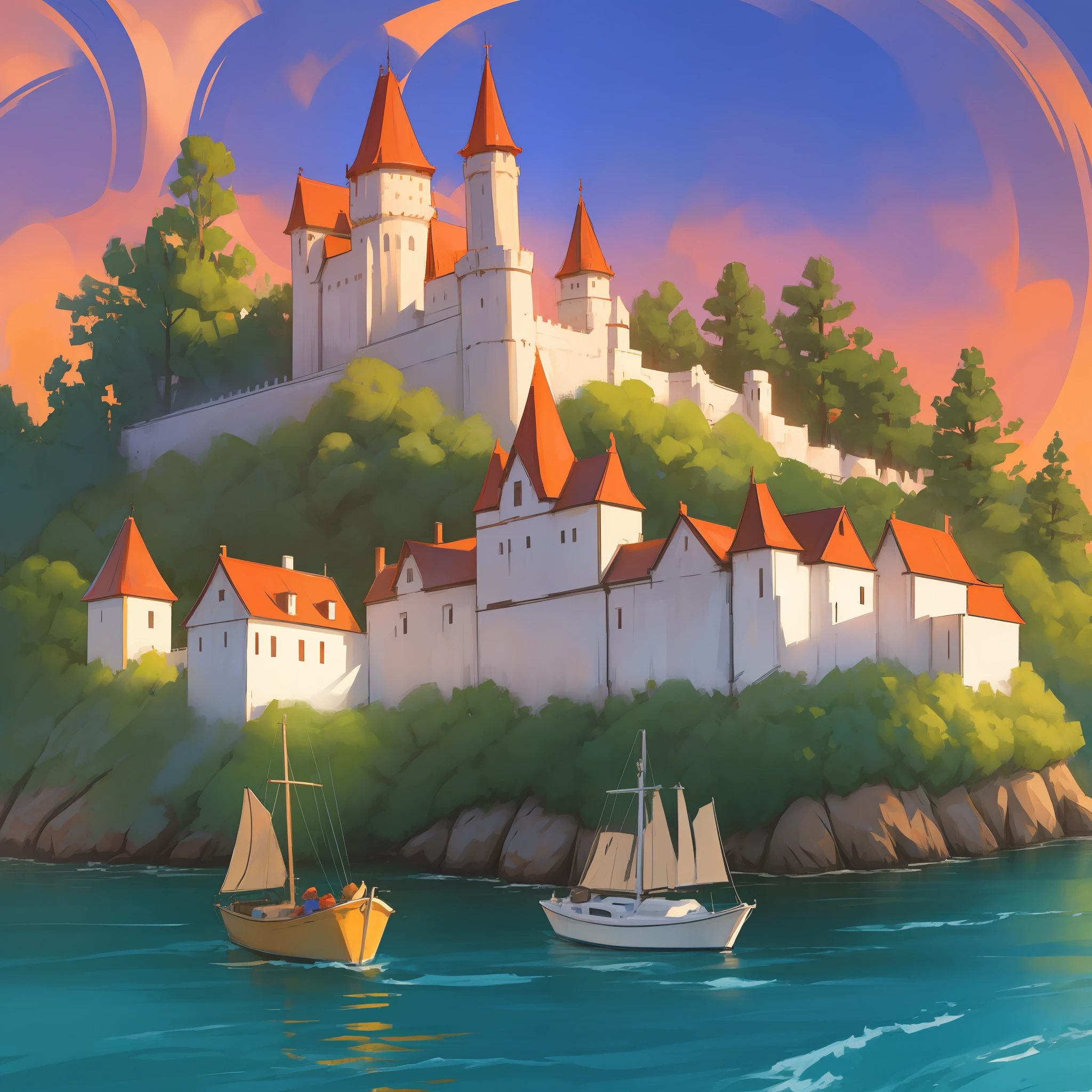 Island with castle forest tall trees colorful flowers sunset summer