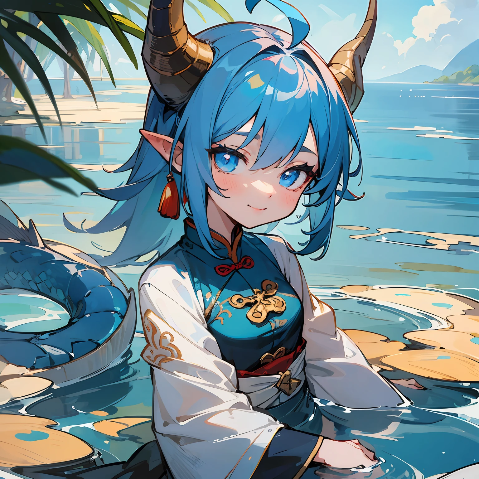 Dragon girl，Light blue hair，rnlong hair，Blue eyes，Star-like eyes，Hanfu，Blue and white porcelain pattern for clothes，full bodyesbian，tmasterpiece，Superb body ，a Oriental Dragons --auto