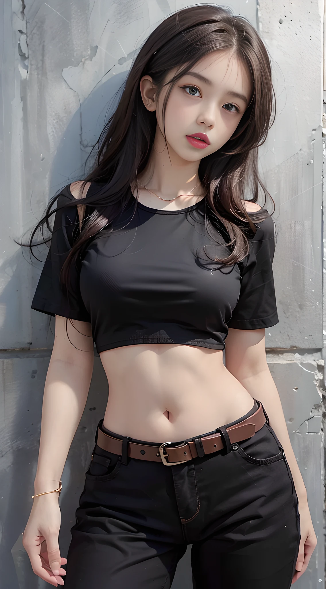 1girl, solo, long hair, pants, midriff, belt, black shirt, shirt, black pants, black hair, standing, jewelry, navel, looking at viewer, bracelet, short sleeves, crop top, brown hair, 
wall behind, lips, hands in pockets,