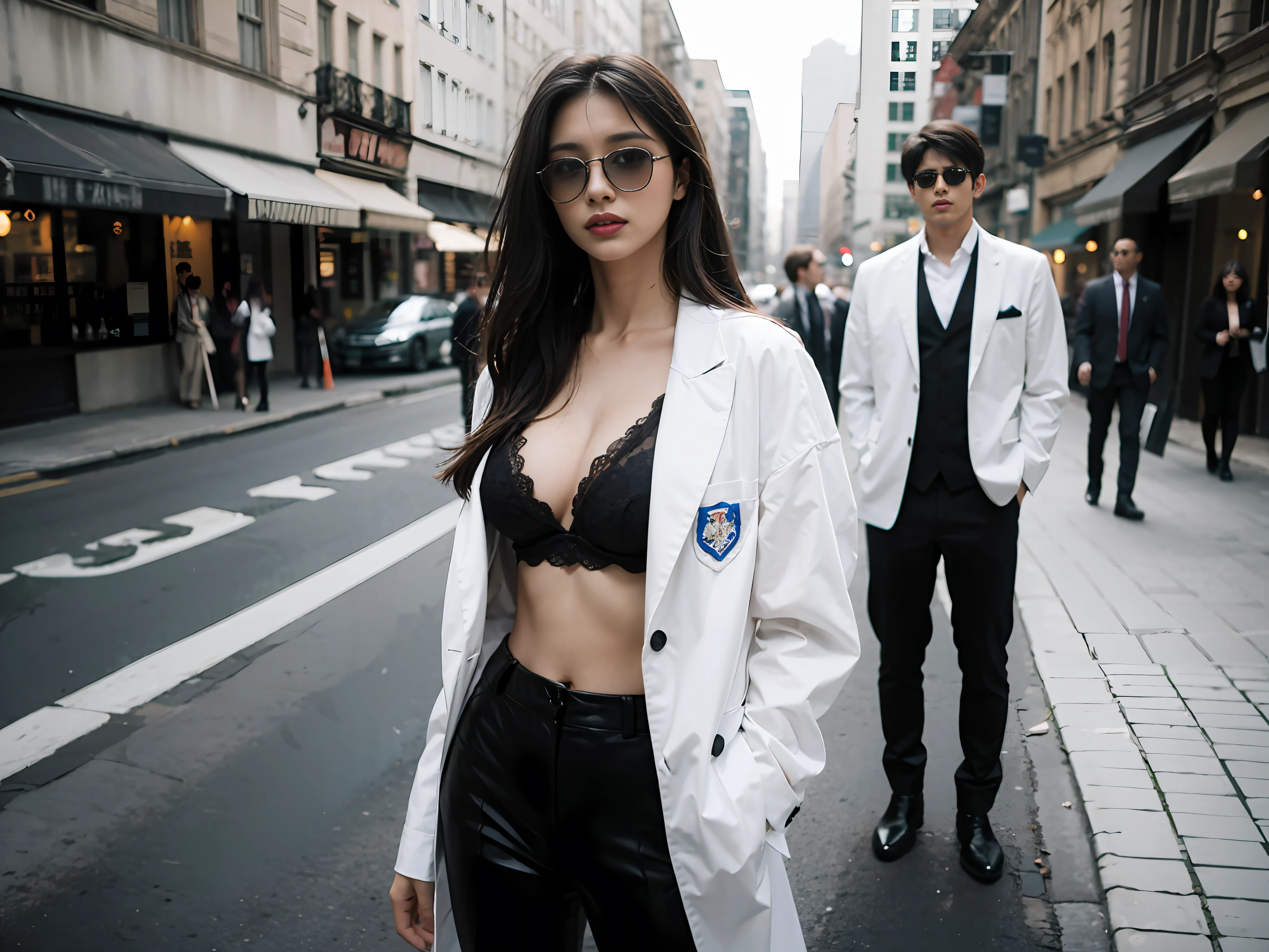 (巨作:1.2), (Best quality:1.2), (Extremely detailed:1.2), (Ultra detailed), 1girl and 2boys, street, ADDBASE 1girl and 2boys, 1boys, In black suit, body guard, sunglasses, standing, ADDCOL 1girl and 2boys, 1girll, Black bra, Black pants, white business suit, White coat, Long hair, Black hair, serious expression ADDCOL 1girl and 2boys, 1boys, In black suit, body guard, sunglasses, standing,