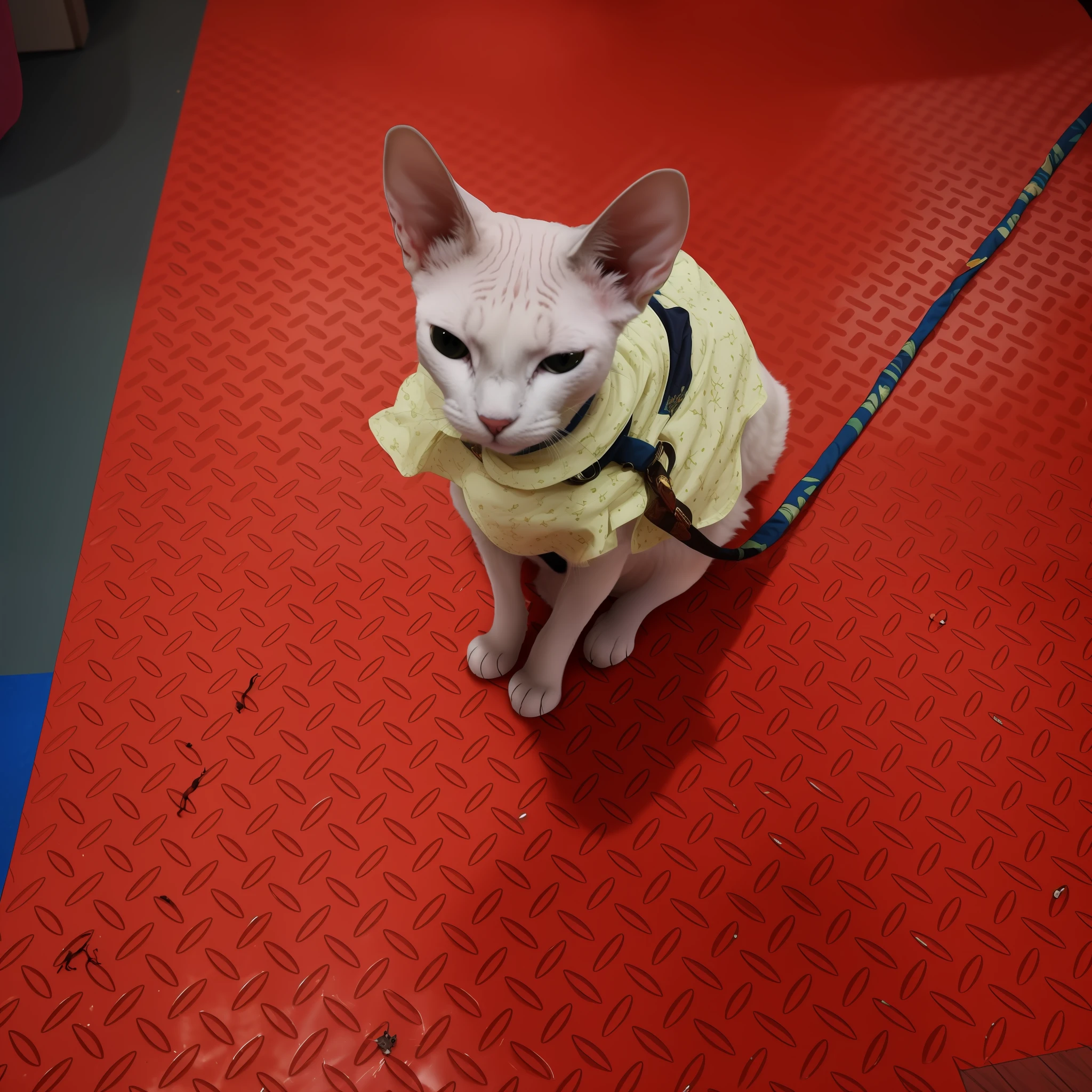 there is a cat that is sitting on a red mat, white cat in a pink dress, the cat is walking, sphinx cat, Hairless, the cat is smiling, A cat, red cloth around his shoulders, photo of a cat, there is a cat next to her, Very handsome, A handsome, armored cat, a cat is smiling