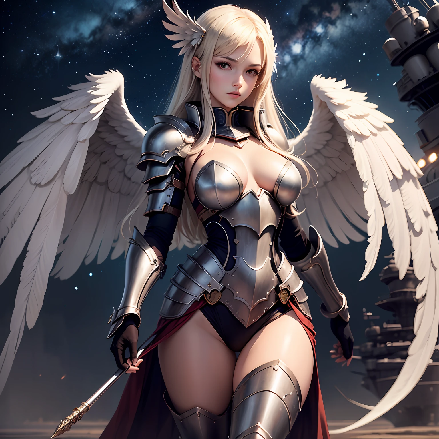 Female angel in armor，Holy wings，cosmic starry sky，Battleship cannons，extreme beautiful --auto