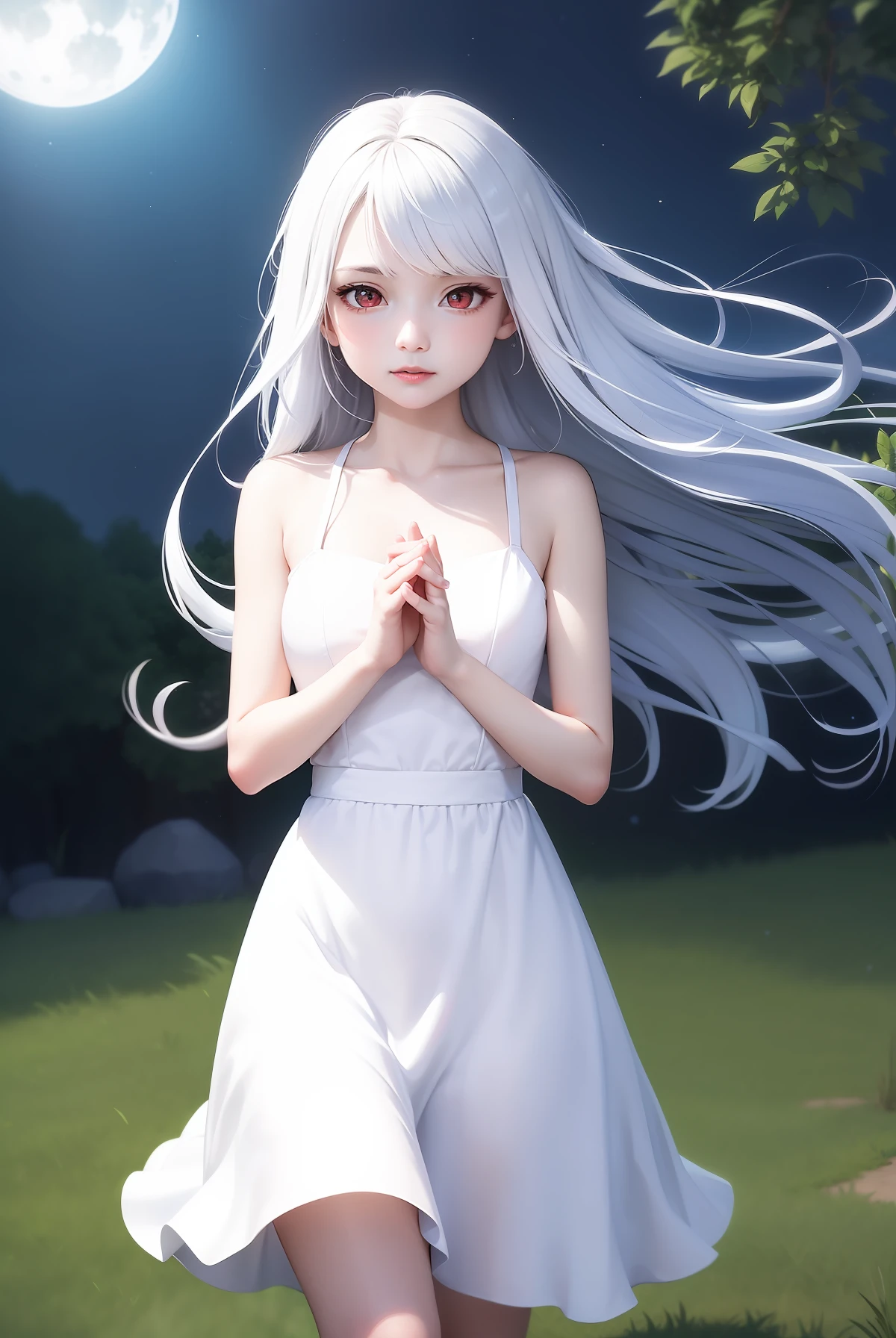 A girl with long white hair，Red eyes，Stand in the moonlight，wears a white dress，hands on the chest，Quiet prayer，The surrounding green grass is blown up by the wind、