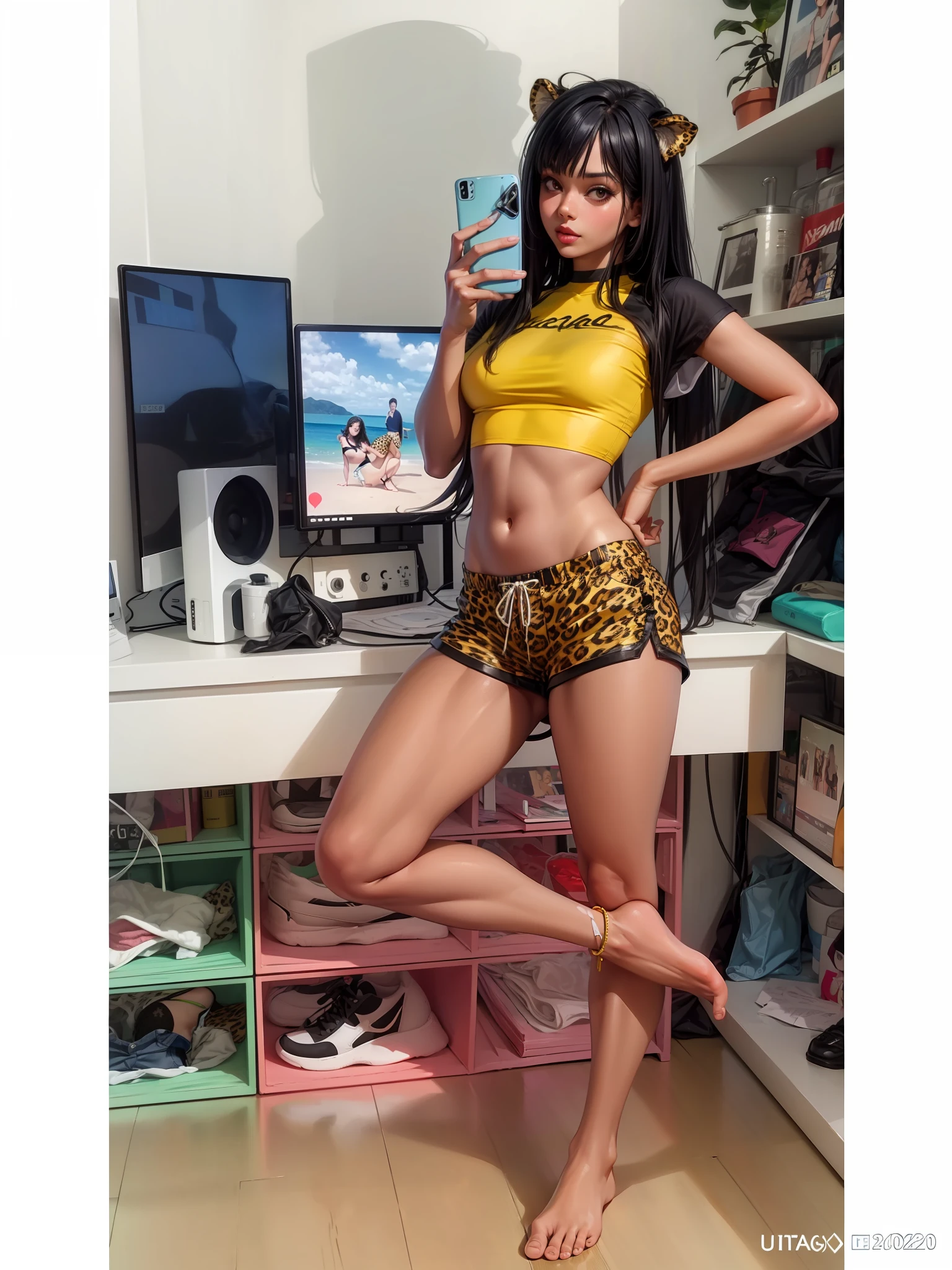 araffe girl in a yellow top and leopard print shorts taking a selfie, Bra and shorts streetwear, wearing yellow croptop, crop top and shorts, Sexy look, Sexy style, posing in the bedroom, taken in 2022, spotted ultra realistic, Sexy girl, tight costume, Sexy pose, Sexy :8,Bare legged
