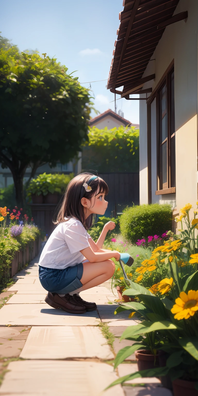 A 6-year-old girl is on her knees in a garden, is looking at the ground, procurando algo, She's wearing gardener clothes, it's serious, curiosa, side view of the scene, qualidade perfeita, foco claro (mess - house: 0.8), (obra-prima: 1.2) (Realista: 1.2) (Bokeh) (Melhor qualidade) (Pele detalhada: 1.3) (Detalhes intrincados) (8K) (Detalhe Olho) (foco nítido), (older brother watching her)