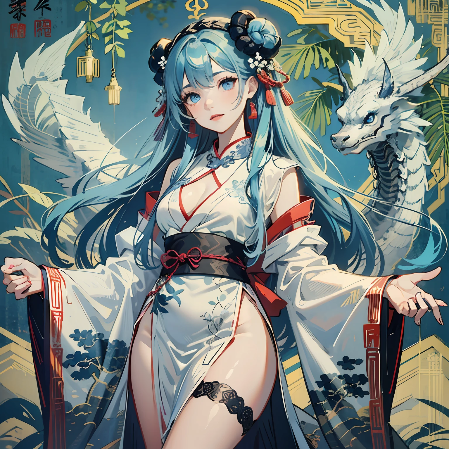 Dragon girl,Light blue hair,rnlong hair,Blue eyes,Star-like eyes,Hanfu,Blue and white porcelain pattern for clothes,full bodyesbian,tmasterpiece,Superb body ,a Oriental Dragons