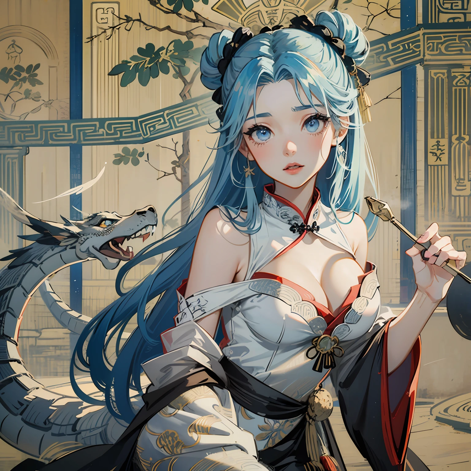 Dragon girl,Light blue hair,rnlong hair,Blue eyes,Star-like eyes,Hanfu,Blue and white porcelain pattern for clothes,full bodyesbian,tmasterpiece,Superb body ,a Oriental Dragons