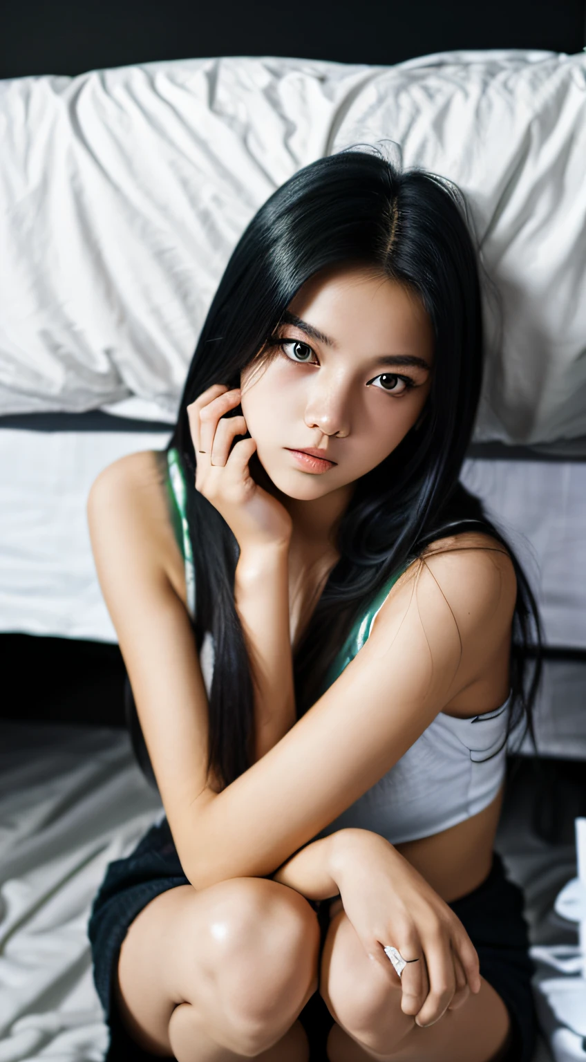 beautiful girl, eighteen years old, long black hair, white skin, green eyes, lying crouched, on top of the bed, dark environment, very scared, with a monster under the bed, 8k image, sharp, iris of the eyes without deformation, fingers without deformation, --auto