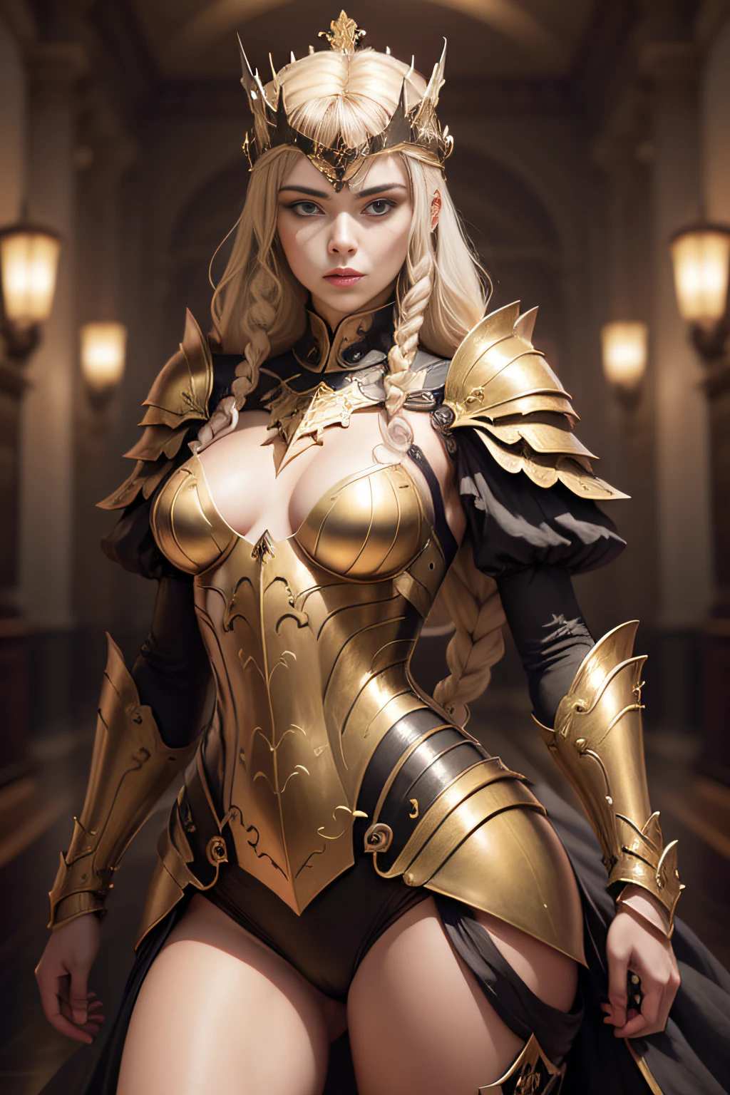 Blonde haired woman with braids, (Armadura nordica decotada dourada). Golden armor with glossy chrome black with sharp reflections. Pedras preciosas. ombros nus. (tiara). Low muscle definition. Pernas lindas. Ombros nus visiveis. Detailed lighting. artistic work. Beleza extrema. Roupa com efeito de gradiente colorido intenso. Professional image with high saturation. Camera profissional. illustration. cores vibrantes. olhos amarelos vibrantes, manto, olhos dourados brilhantes, simetria, olhar intenso, detalhes pretos nas roupas, aura dourada