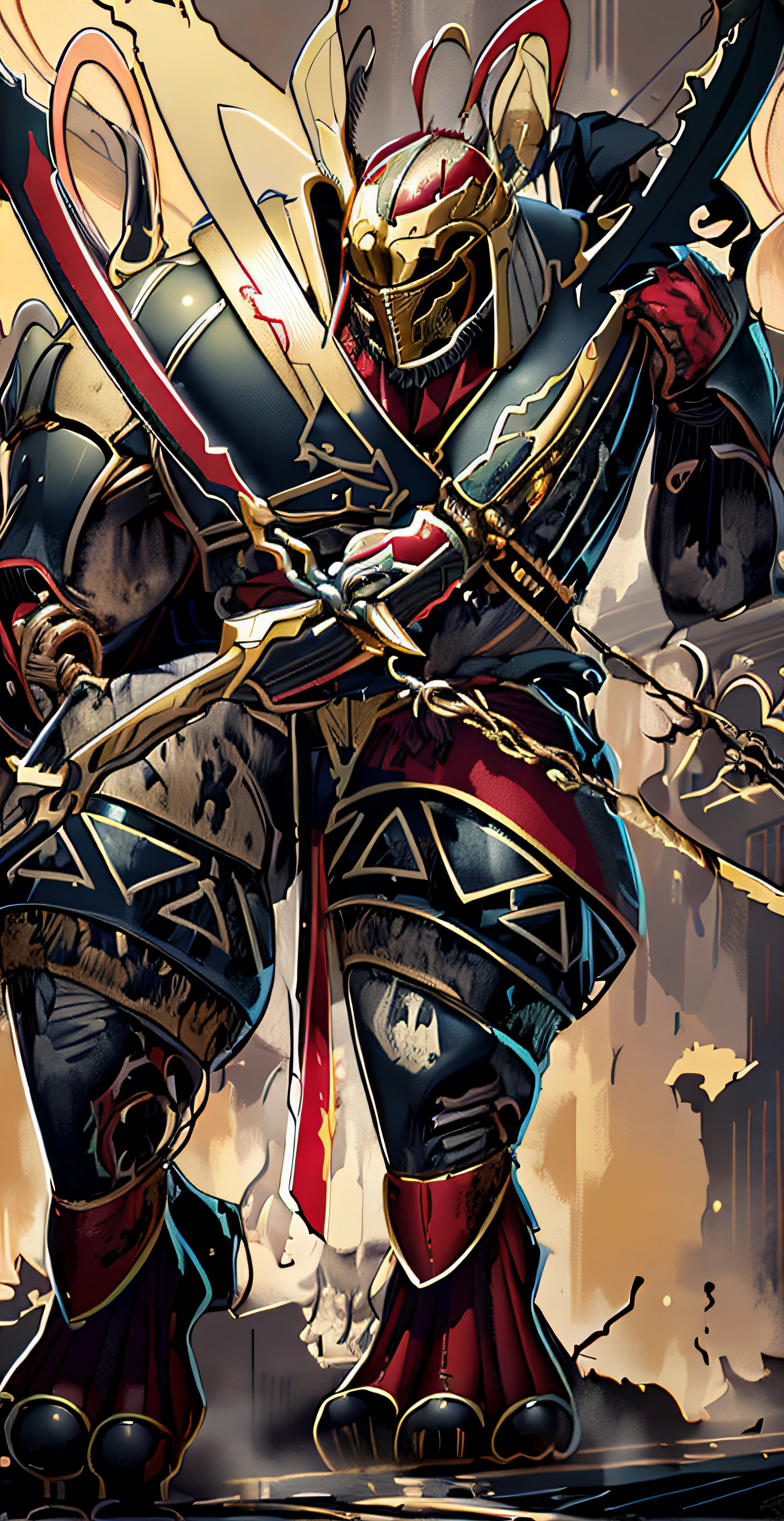 there is a drawing of a man in a red robe holding a sword, coloured manga scan, kill la kill illustration, ( ( Detalhe extremo ) ), Getter Robo, epic detail, color manga panel, olhe para esse detalhe!, char aznable album art, mas a armadura cobre seu rosto, closeup of arms, Edelgard do Emblema de Fogo, armadura branca e vermelha