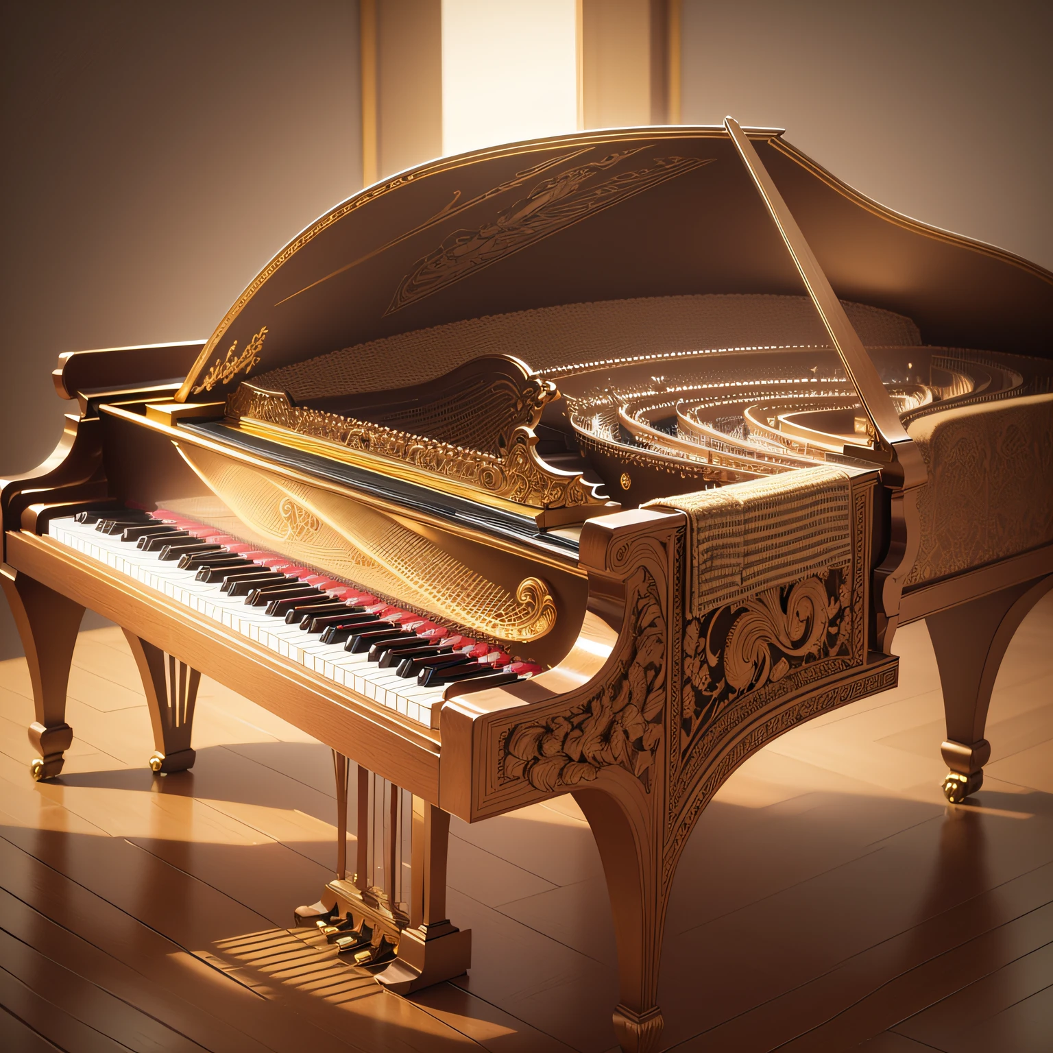 pianos, There are crystal effects nearby as a background, When the keys are pressed, a complex streamlined gold effect appears, Art Nouveau, high detail, modern, god rays, ray tracing --auto