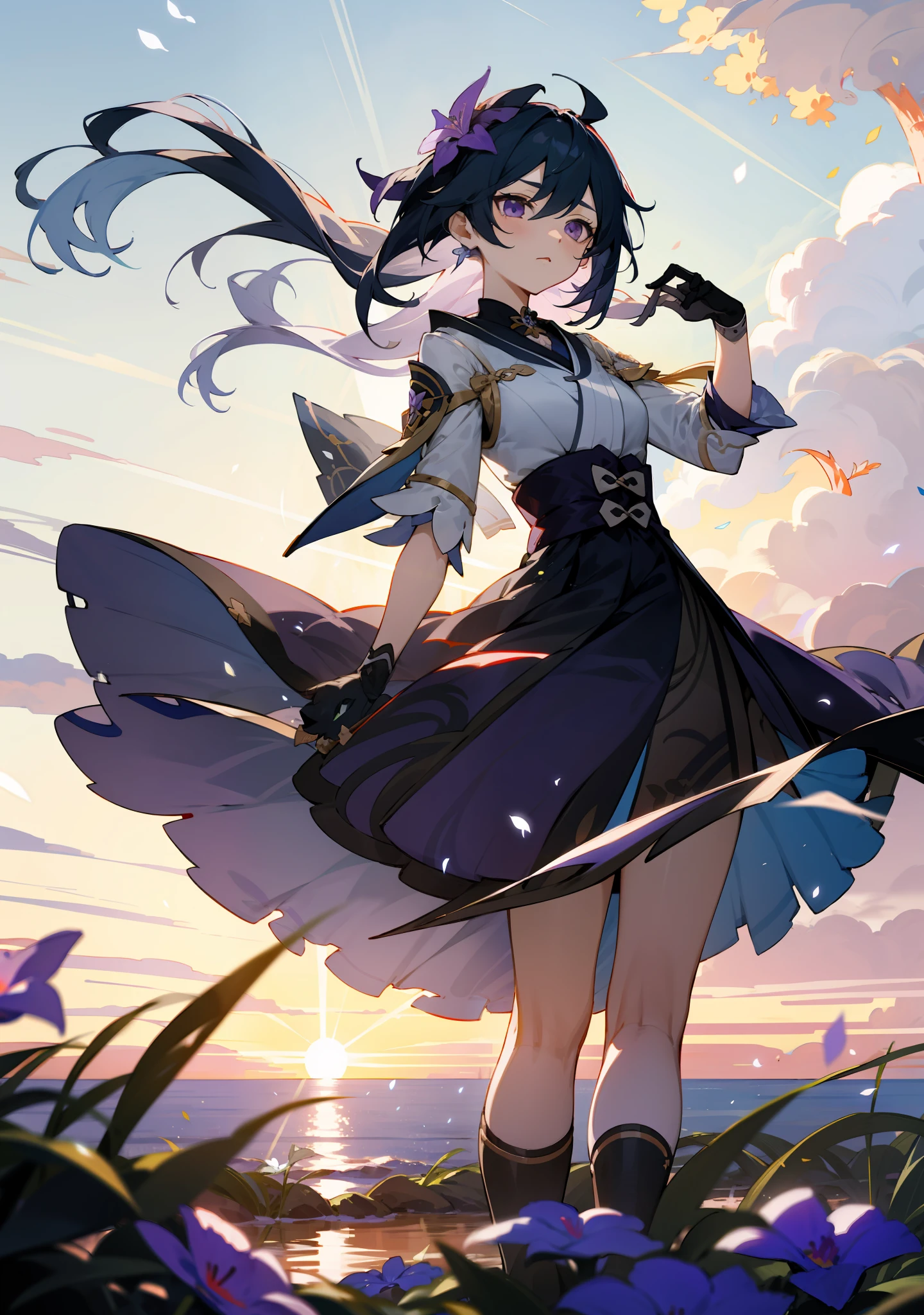 Violet,flower sea,sunraise,The wind blows through hair and skirts,Genshin Tachi-e