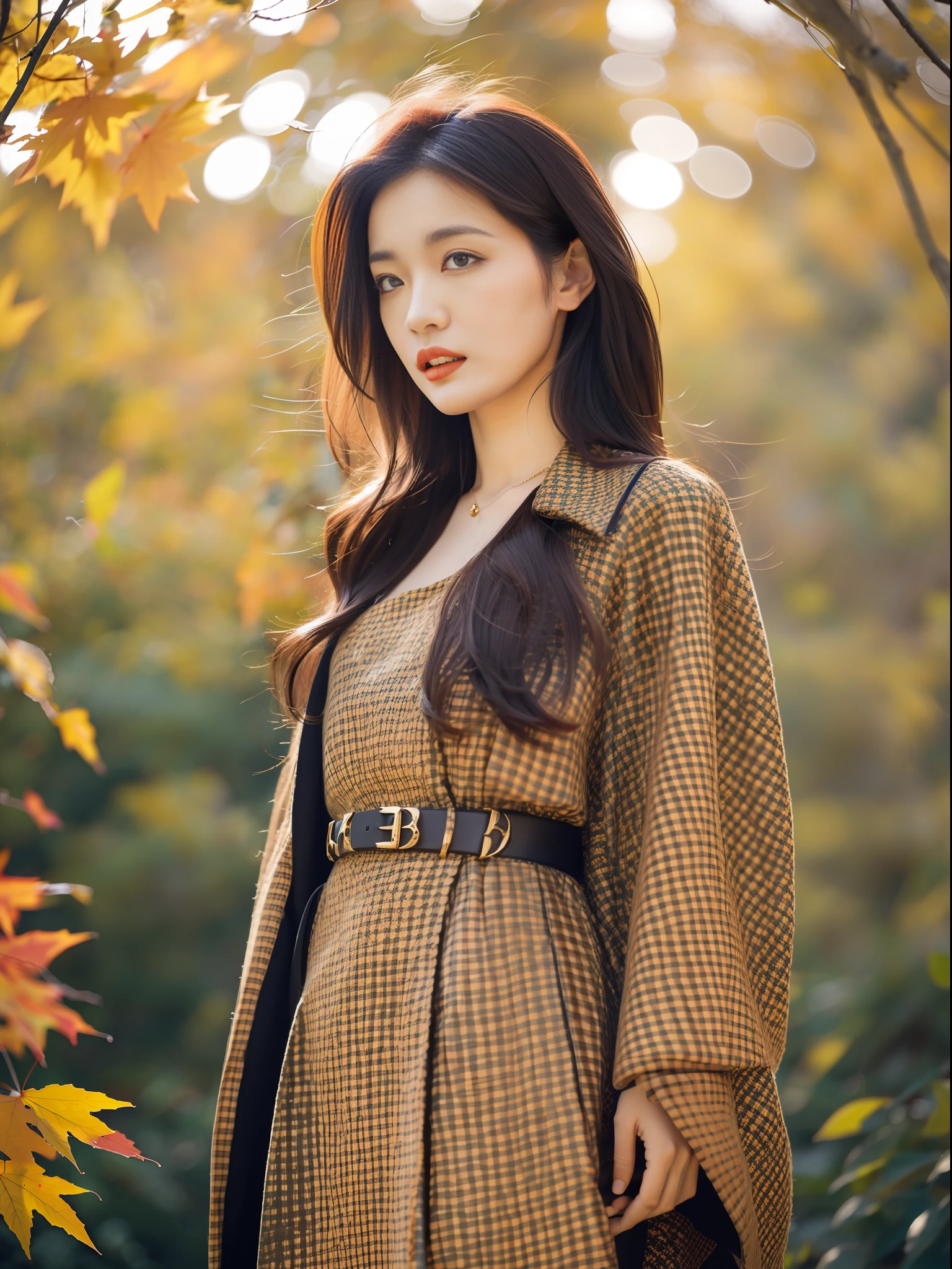 The twilight of autumn: A fashion model in a layered Prada outfit poses against a backdrop of russet maple leaves. This low angle view shot by Bruno Barbey for AnOther Magazine captures the melancholic beauty of autumn  --ar 4:5 50 --style raw --s 2