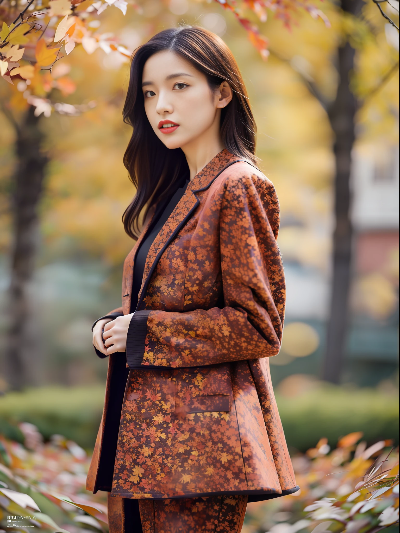 The twilight of autumn: A fashion model in a layered Prada outfit poses against a backdrop of russet maple leaves. This low angle view shot by Bruno Barbey for AnOther Magazine captures the melancholic beauty of autumn  --ar 4:5 50 --style raw --s 2