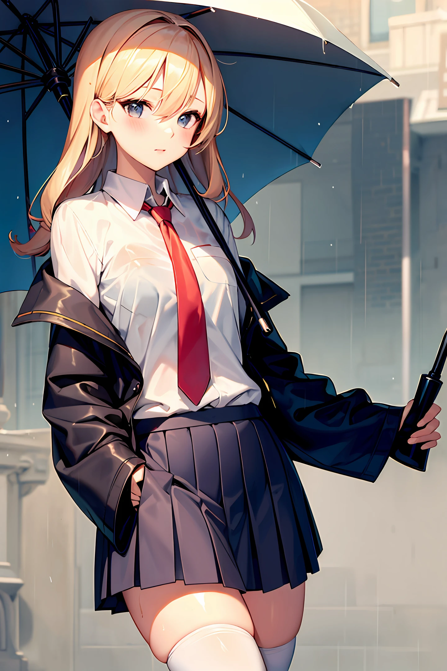 Cute girls，Wear a school uniform，raining day，Clothes are soaked，holding a umbrella，The clothes fit snugly to the body，white stockings，Medium-sized legs，Medium-sized chest，Take off your skirt