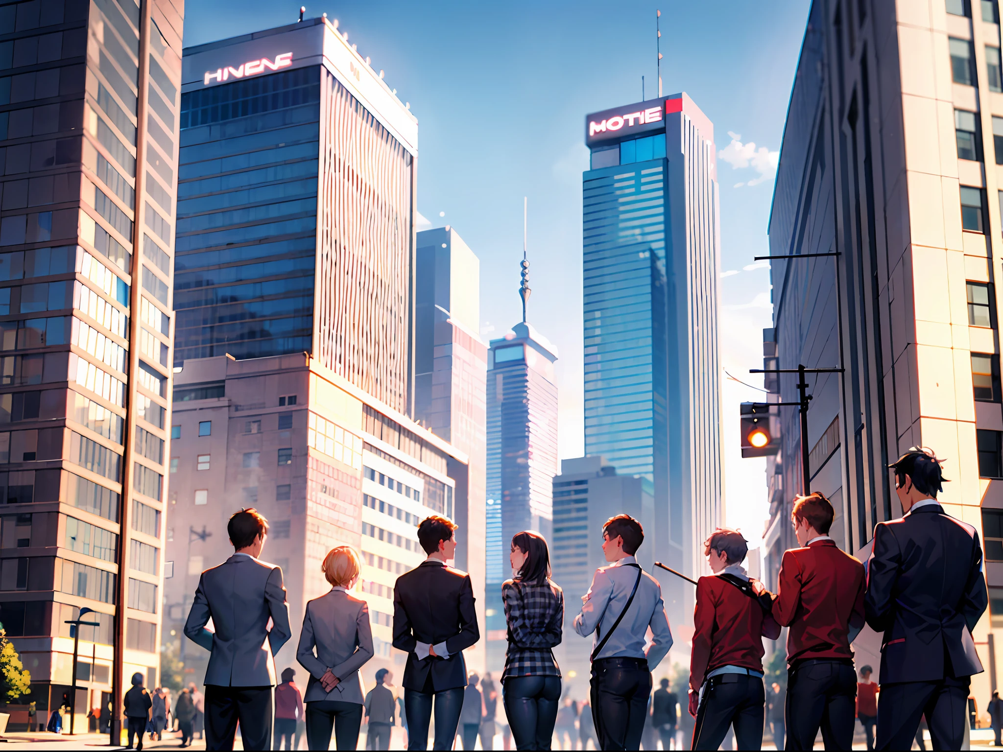 (Morning), group of people(Young men:1.2),peeping at the viewer,Onlookers,multiple persons, looking at viewert,Cowboy shooting,(downtown area),Cowboy shooting,ssmile,