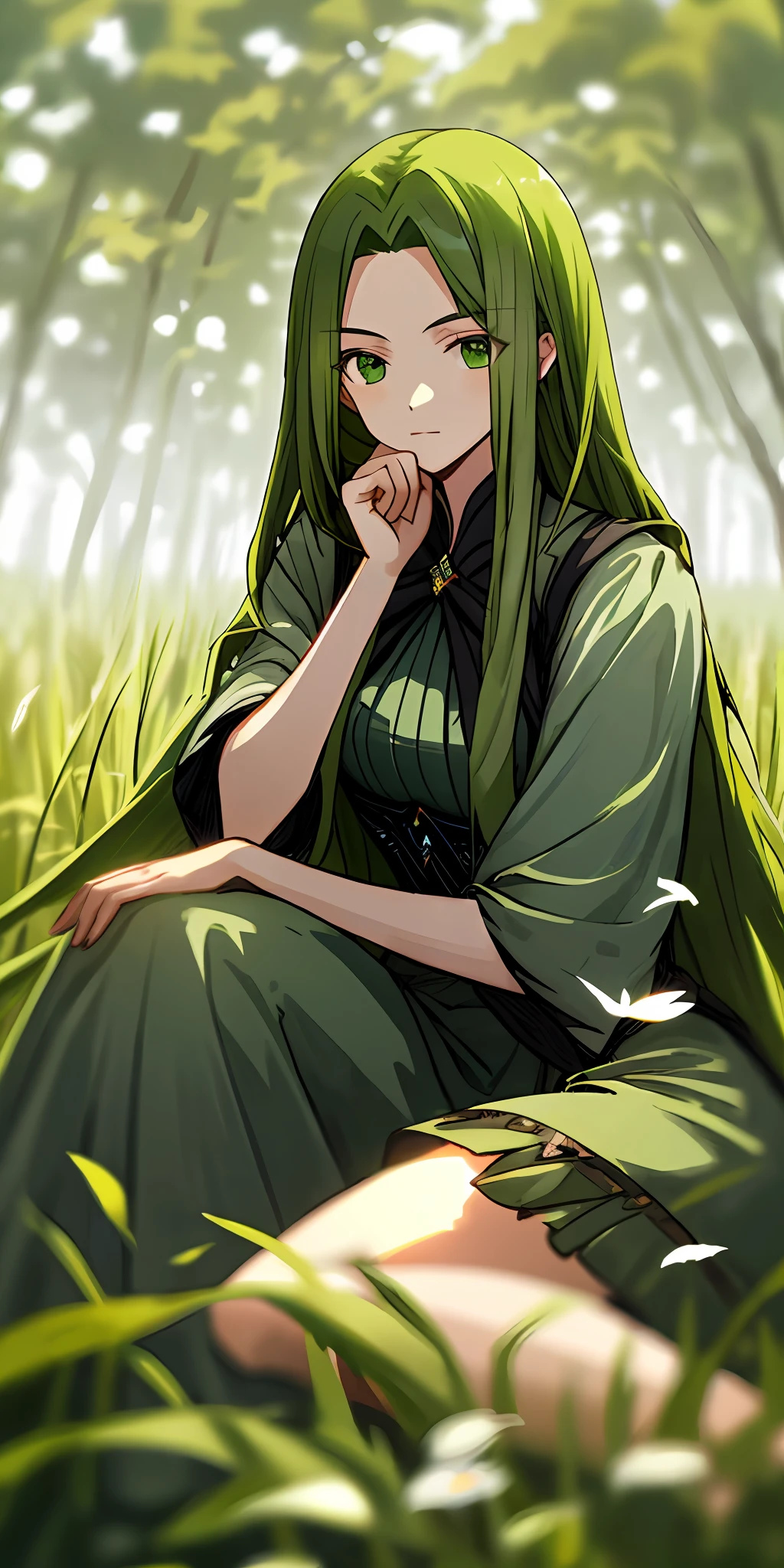 （tmasterpiece，best qualtiy），1 long green hair girl sitting in a field of greenery and flowers，her hand under her chin，warmly lit，Gray and green dress，Blurred foreground