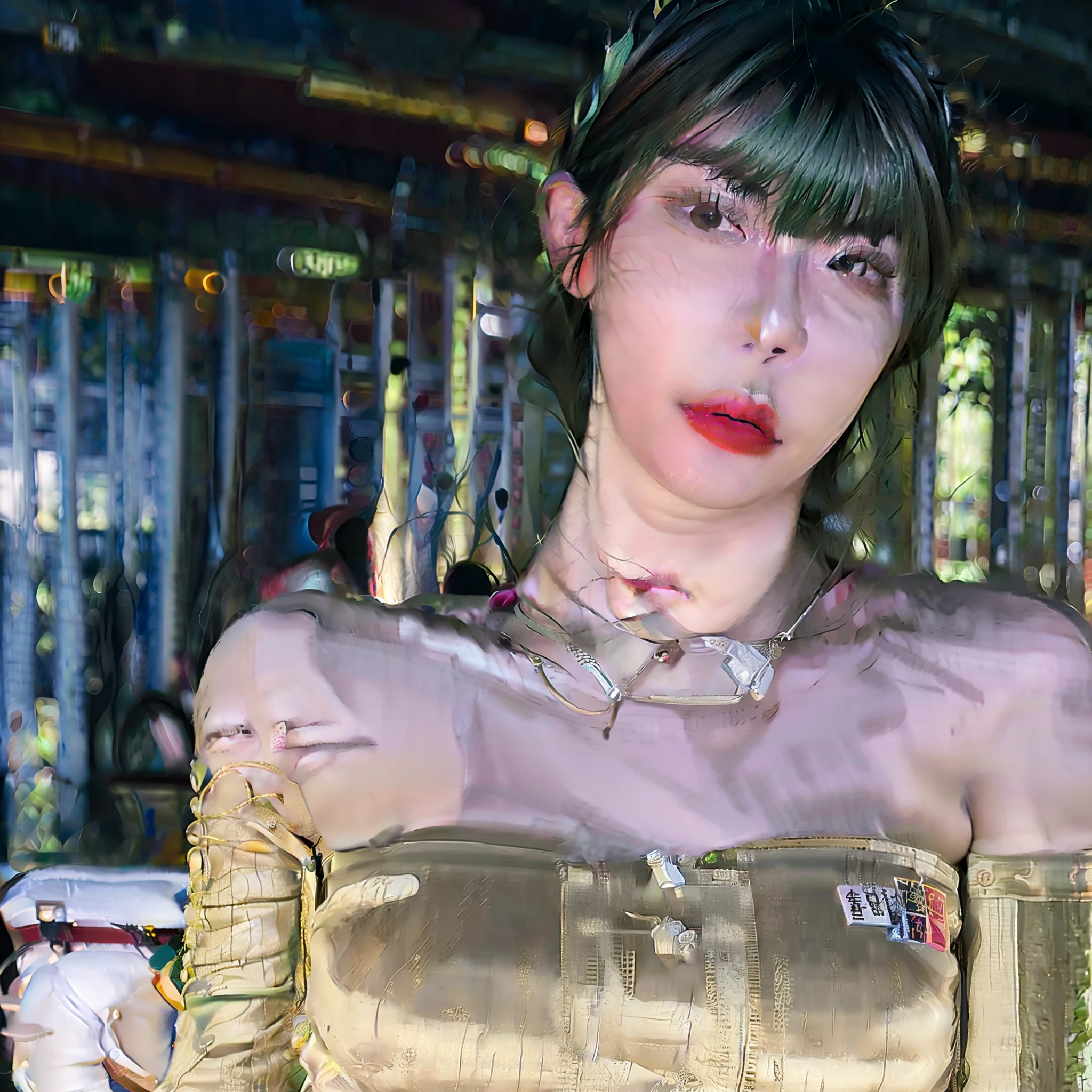 (8k, RAW photo, best quality, masterpiece:1.2), (realistic, photo-realistic:1.37), best quality, ultra high res, nfsw back lights, light leaks, dynamic lighting, slim, smooth skin, (pureerosface_v1:1), bond, navel, kpop idol, (beautiful detailed eyes:1),(beautiful detailed face:1),(freebuffing:1.2), outdoors, ulzzang-6500, 1girl, standing, upper body,,, from front, front view, looking at viewer, huge breasts, arms behind back, street, sunlight,
