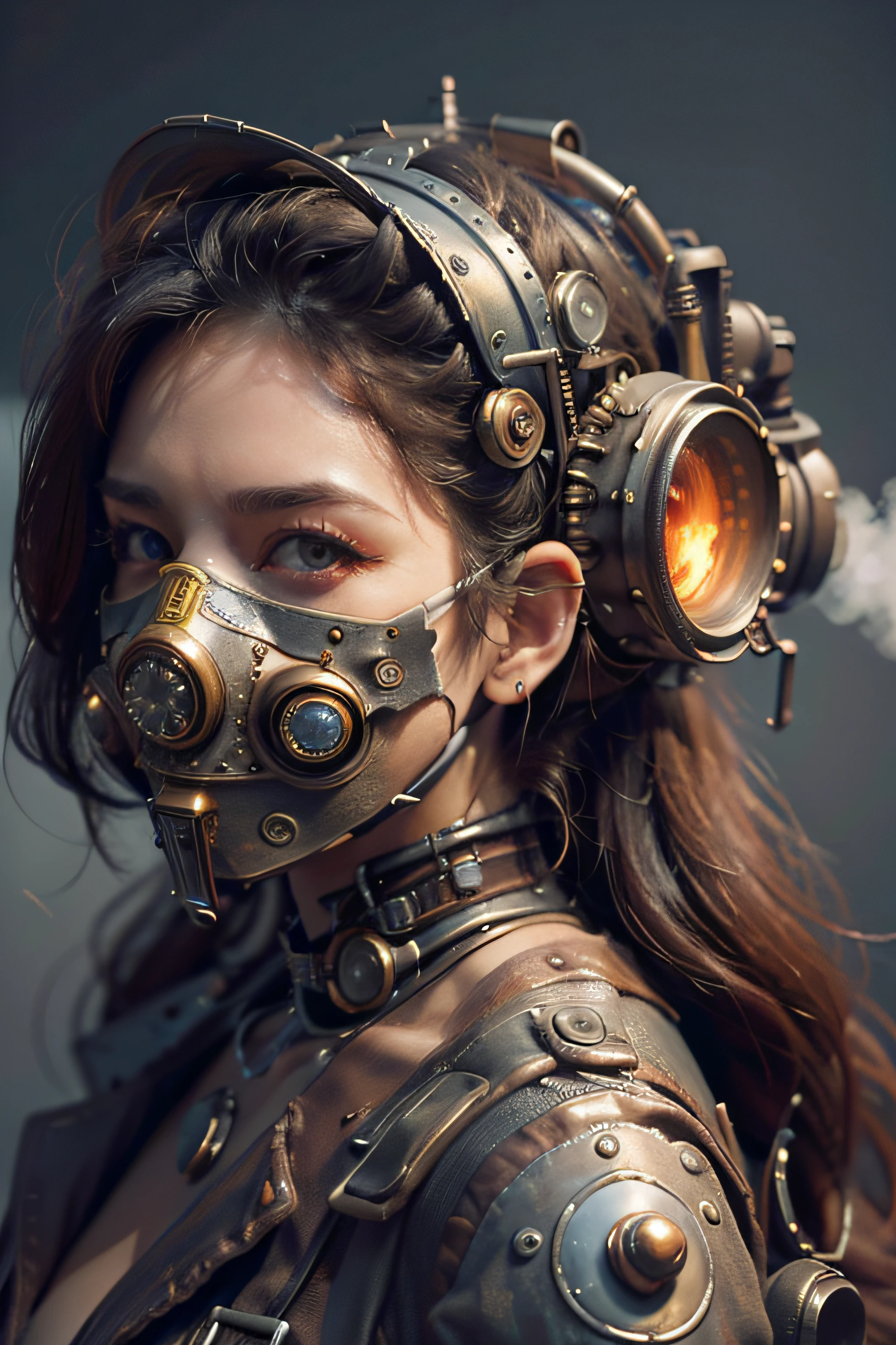 there is a woman with a steam mask on her head, Portrait of a mechanical woman, Arte Digital 4K Realista, Arte Digital 4K Realista, Wojtek FUS, Arte digital altamente detalhada em 4k, Cyber Steampunk 8K 3D, arte steampunk digital, Arte digital realista 8k, Arte digital detalhada em 4k, Arte cyberpunk 8K ultrarrealista, arte conceitual ultra realista,