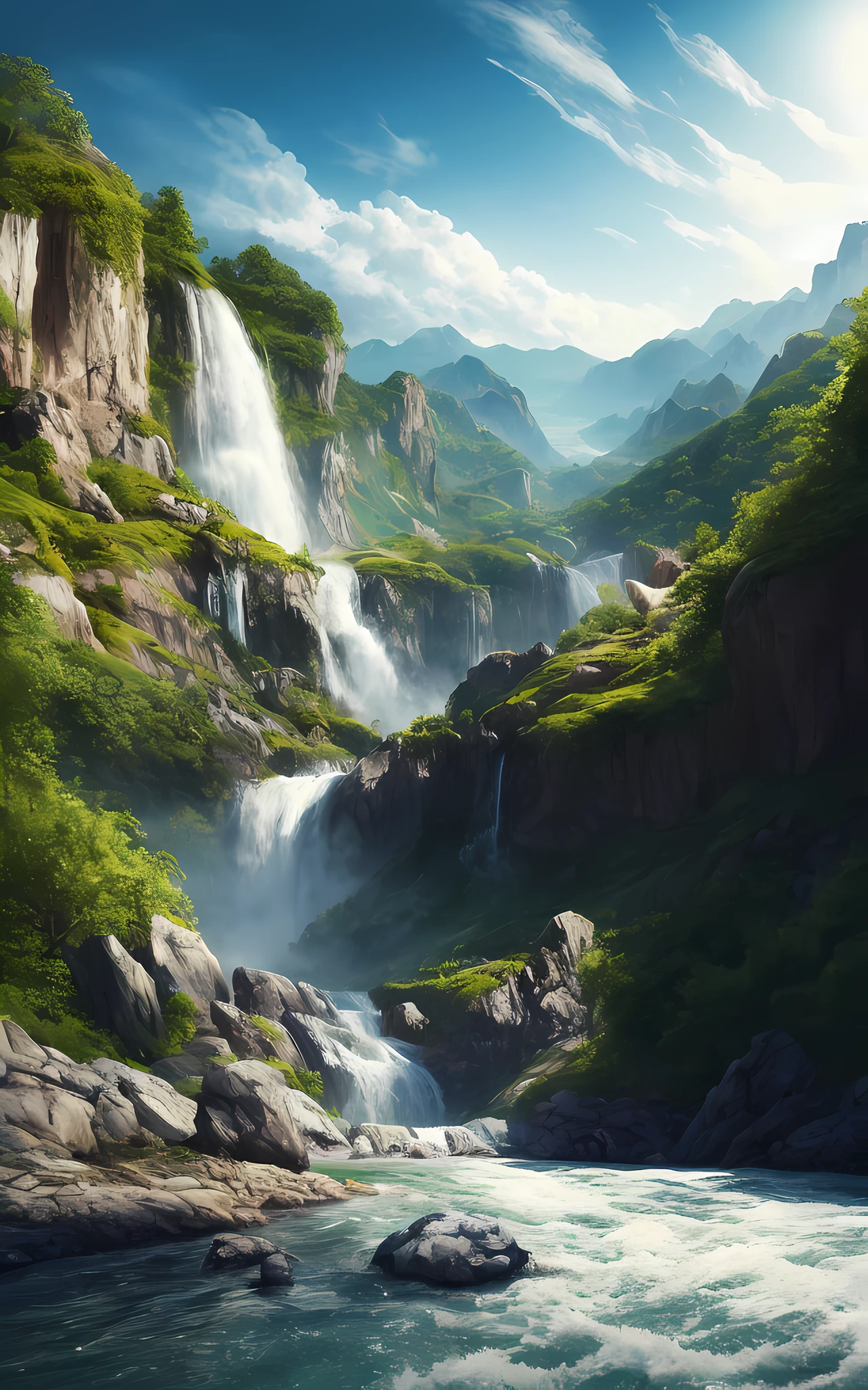 (((masterpiece))), tall waterfall, best quality, high quality, extremely detailed CG unity 8k wallpaper, scenery, outdoors, sky, cloud, day, no people, mountain, landscape, water, tree, blue sky, waterfall, cliff, nature, lake, river, cloudy sky,award winning photography, Bokeh, Depth of Field, HDR, bloom, Chromatic Aberration ,Photorealistic,extremely detailed, trending on artstation, trending on CGsociety, Intricate, High Detail, dramatic, art by midjourney