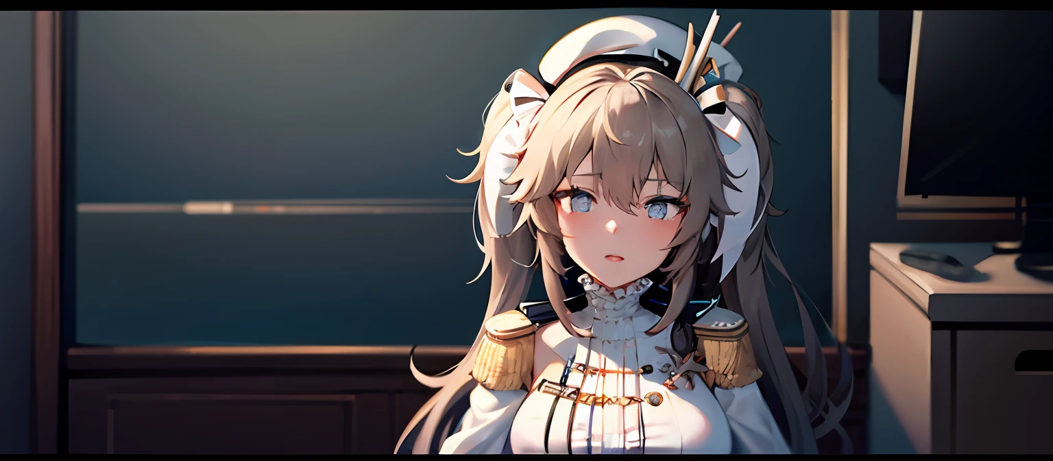 a close up of a person standing in front of a large sword, from girls frontline, Fine details. Girl Front, girls frontline style, girls frontline universe, 《azur lane》role, Girls Frontline CG, A scene from the《azur lane》videogame, azur lane style, Girl Front, From Arknights, Mechanized Valkyrie girl, girl with warship parts, Kantai collection style，With a white navy hat