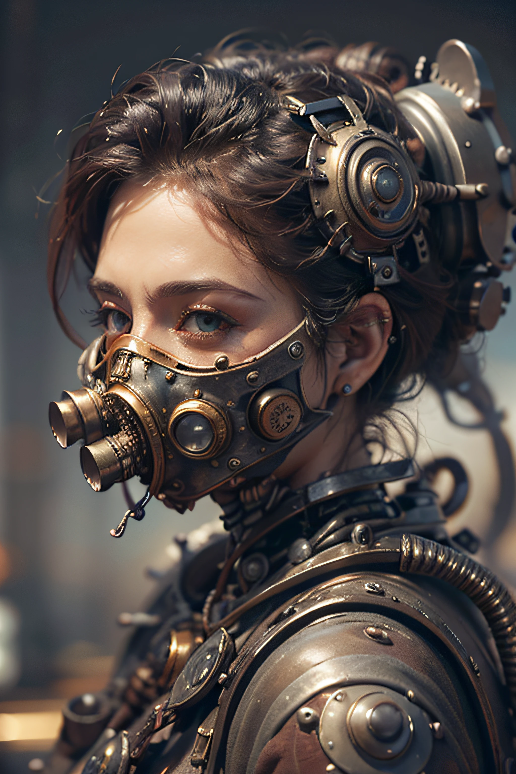 there is a woman with a steam mask on her head, Portrait of a mechanical woman, Arte Digital 4K Realista, Arte Digital 4K Realista, Wojtek FUS, Arte digital altamente detalhada em 4k, Cyber Steampunk 8K 3D, arte steampunk digital, Arte digital realista 8k, Arte digital detalhada em 4k, Arte cyberpunk 8K ultrarrealista, arte conceitual ultra realista,