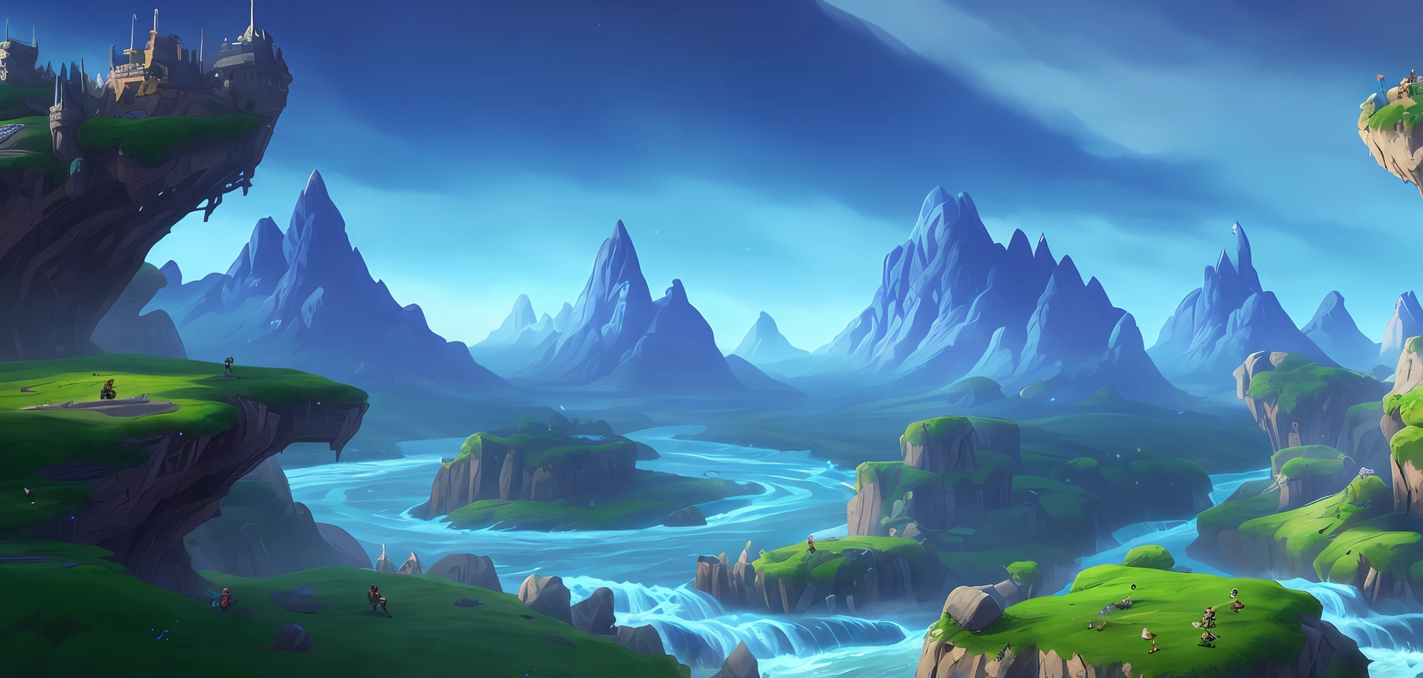 a close up of a video game with a mountain and a river, avatar landscape, Stylized concept art, stunning arcanum backdrop, fantastic screenshot art, ultra wide gameplay screenshot, gigantic landscape!, lush alien landscape, colorful concept art, alien forest in background, made of tree and fantasy valley, epic landscapes, epic environment, Flying Island in the Sky, background artwork，Huge wyvern，Magnificent castle，spaceship，orbiting