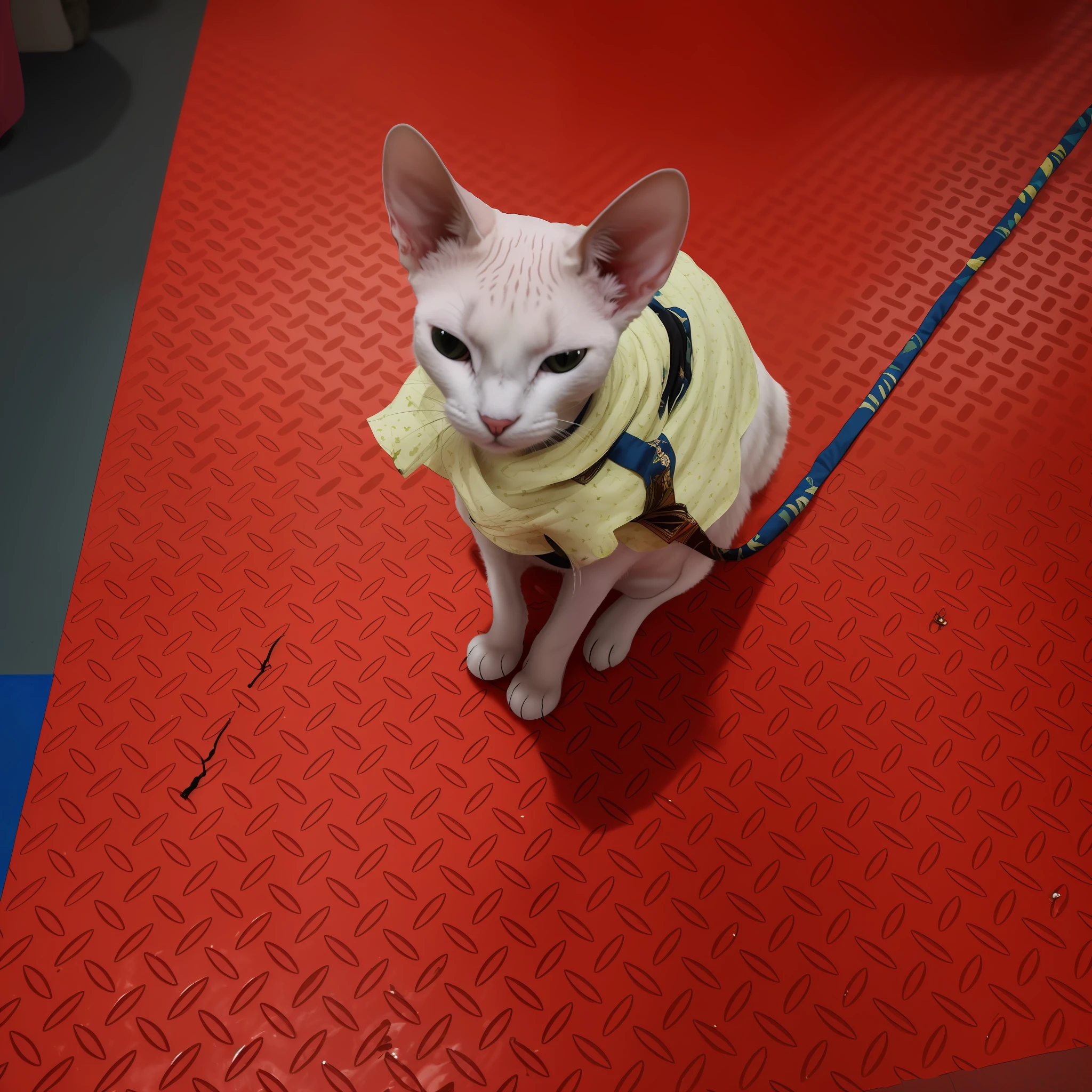 there is a cat that is sitting on a red mat, white cat in a pink dress, the cat is walking, sphinx cat, Hairless, the cat is smiling, A cat, red cloth around his shoulders, photo of a cat, there is a cat next to her, Very handsome, A handsome, armored cat, a cat is smiling