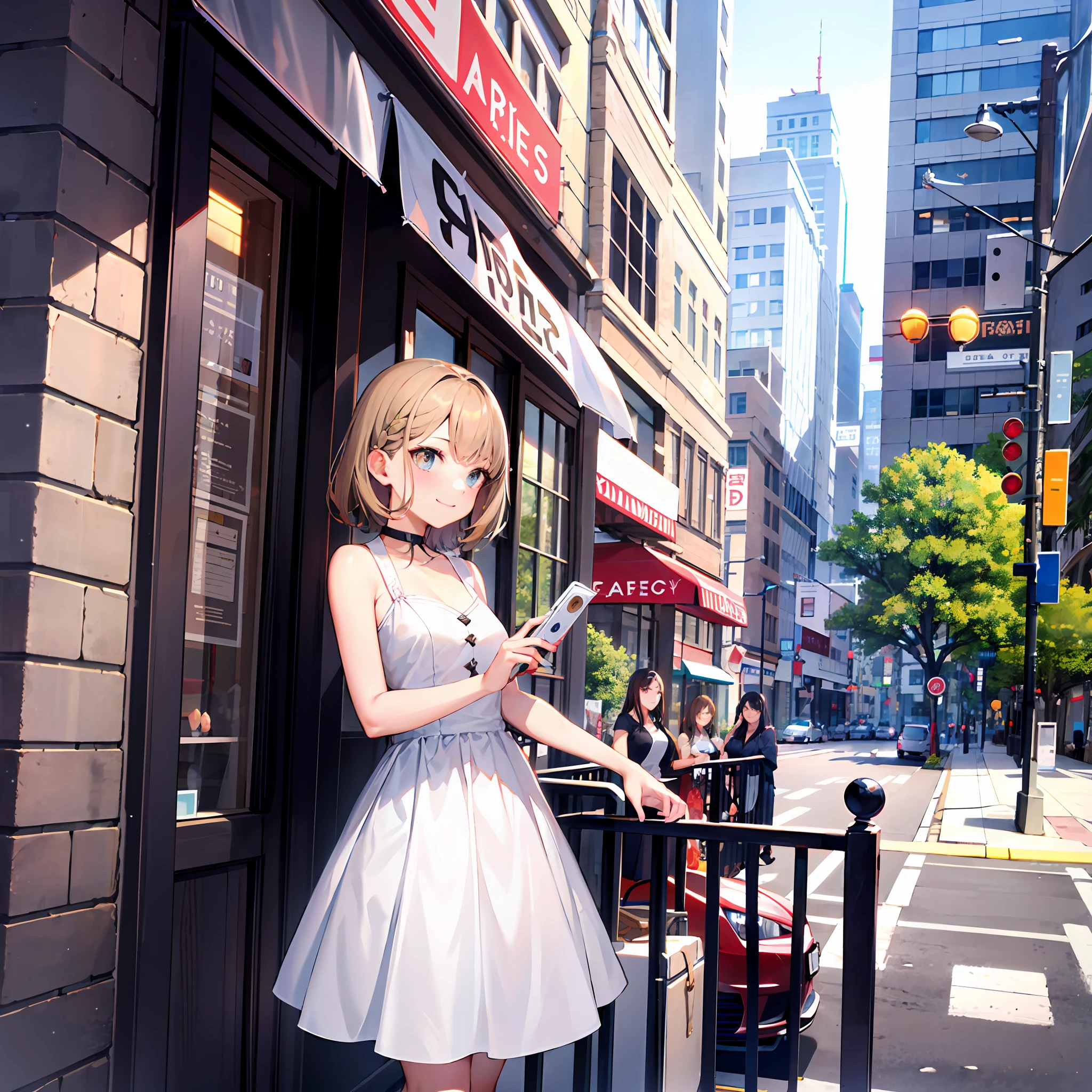 (Morning),( 1girll:1.2), 独奏, looking at viewert,(white dresses:1.2),Impeccable,prette,Excellent figure,夏天,Cowboy shooting,(downtown area),Cowboy shooting,ssmile,(brunette color hair:1.4)