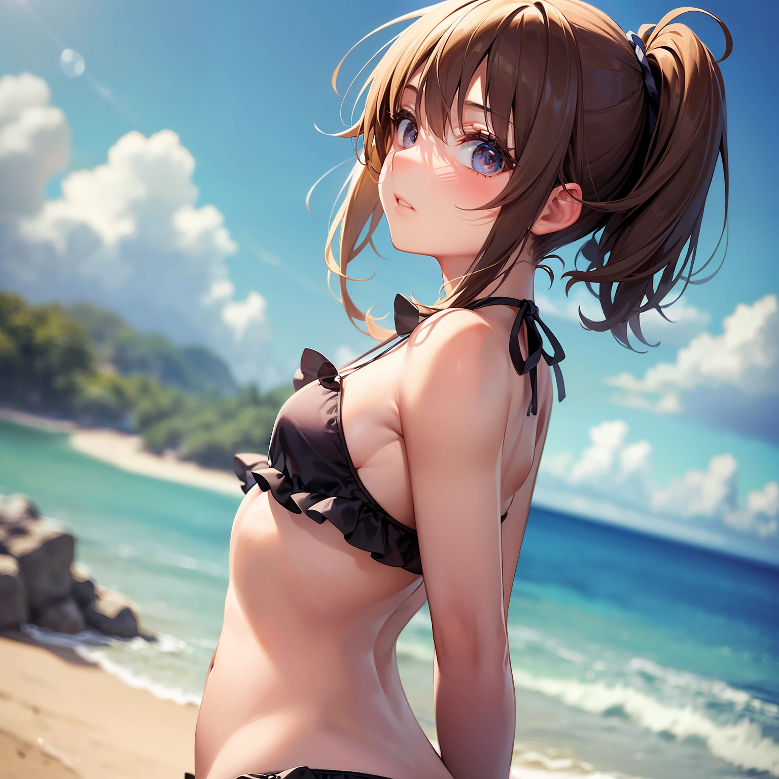 (masterpiece、finely best quality、hight resolution、photograph realistic、real looking skin:1.1)、1 Japan Girl、独奏、full bodyesbian、(very small breasts:1.5)、ruffle bikini、Beautiful eyes、Shining eyes、red blush、Short side ponytail、is standing、(arms behind back:1.5)、Sunnyday、beautiful ocean、sand beach