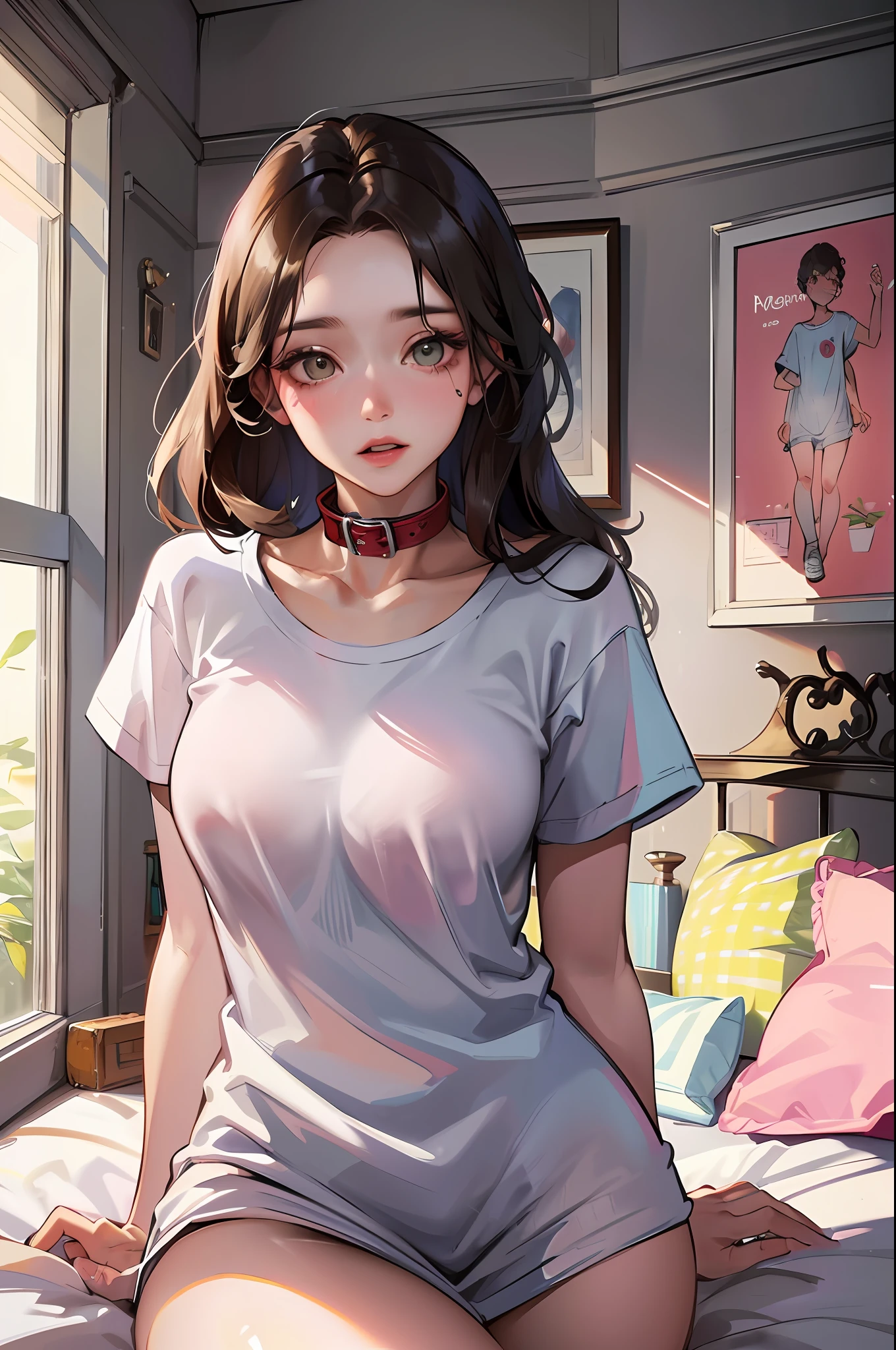 (highest resolution, distinct_image) The best quality, a woman, masterpiece, highly detailed, semi realistic, 21 years old, cute, young, beautiful, naked oversized t-shirt, shirt tug, collar on neck, indoors, modern bedroom, window, waking up, morning, blushing
