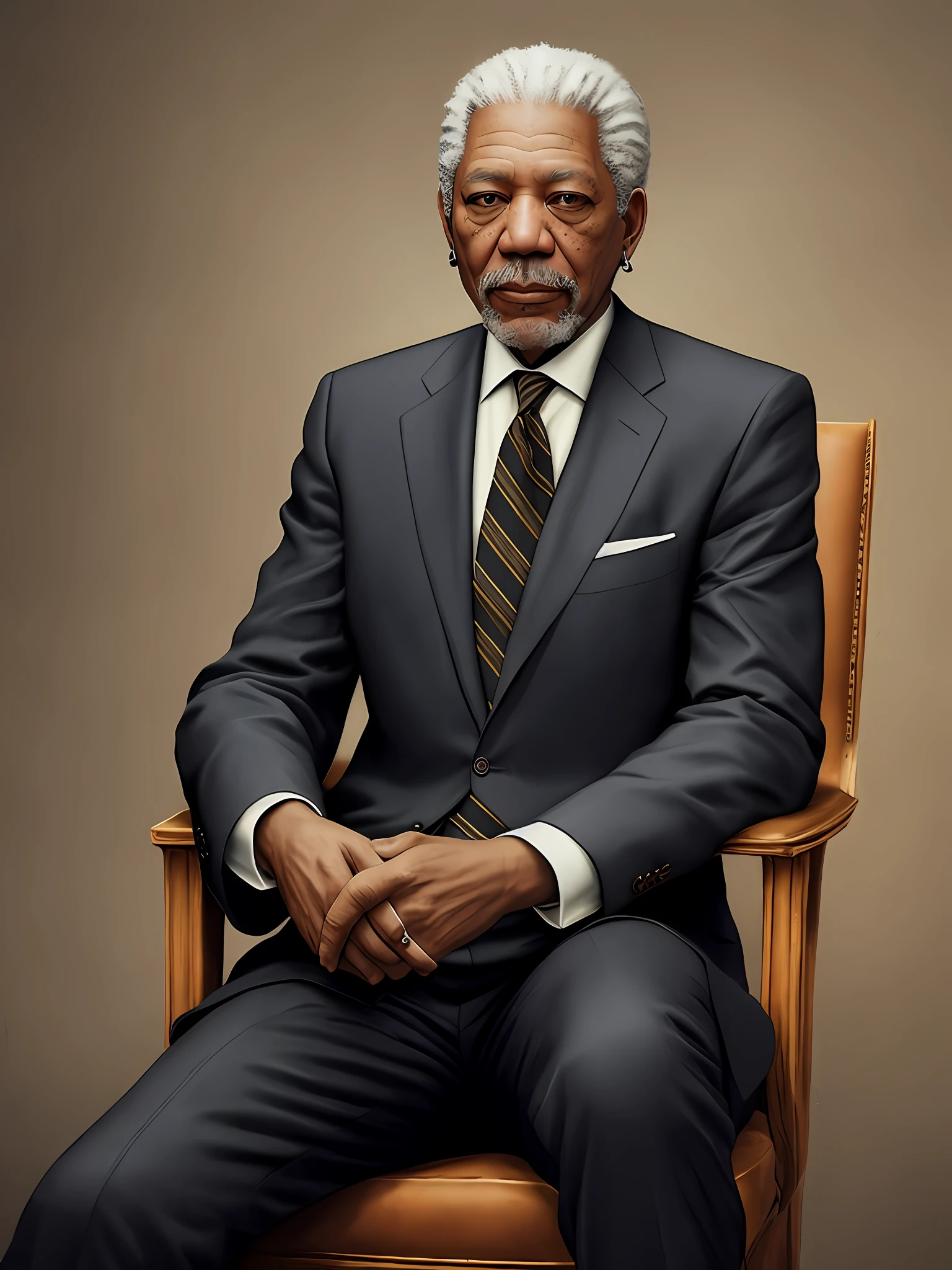 Um homem de cabelos grisalhos e terno, retrato de Morgan Freeman, sitting in a chair in an office, retrato altamente realista, retrato digital, como Gordon Freeman, altamente detalhado