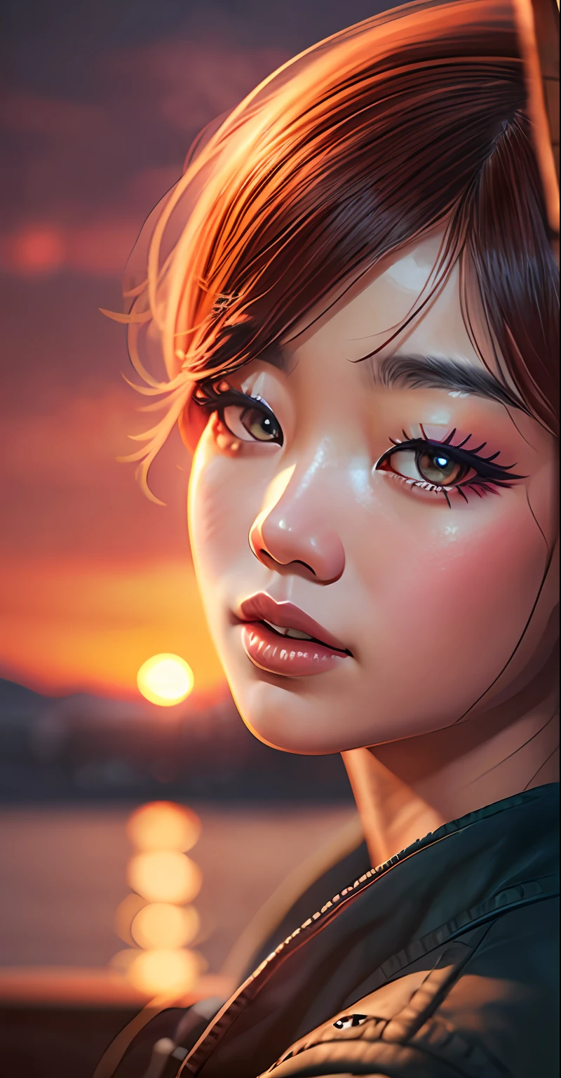 Korean woman, hyper-detailing, warm tones, intricate details, volumetric, art by Iliya Kuvshinov, a glaring eyes, dvArchModern, 85 mm, f1.8, portraite of a, photo-realistic, A hyper-realistic, orange, Ultra-detailed, intricate, dramatic, Sunset lighting, eye shadow, wide dynamic range, epic view