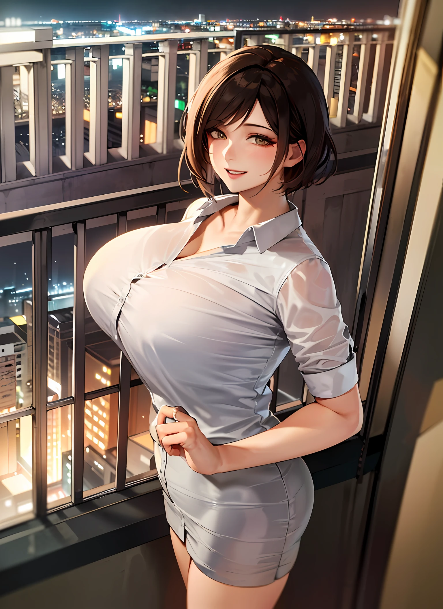 ((Best quality, 8k, Masterpiece :1.3)), Whole body, Long legs, Sharp focus :1.2, A pretty woman with perfect figure :1.4, Slender abs :1.1, ((Dark brown hair, Big breasts :1.2)), (Light fabric white shirt, Happy expression, Standing:1.2), ((Night city view, Balcony :1.3)), Highly detailed face and skin texture, Detailed eyes, Double eyelid